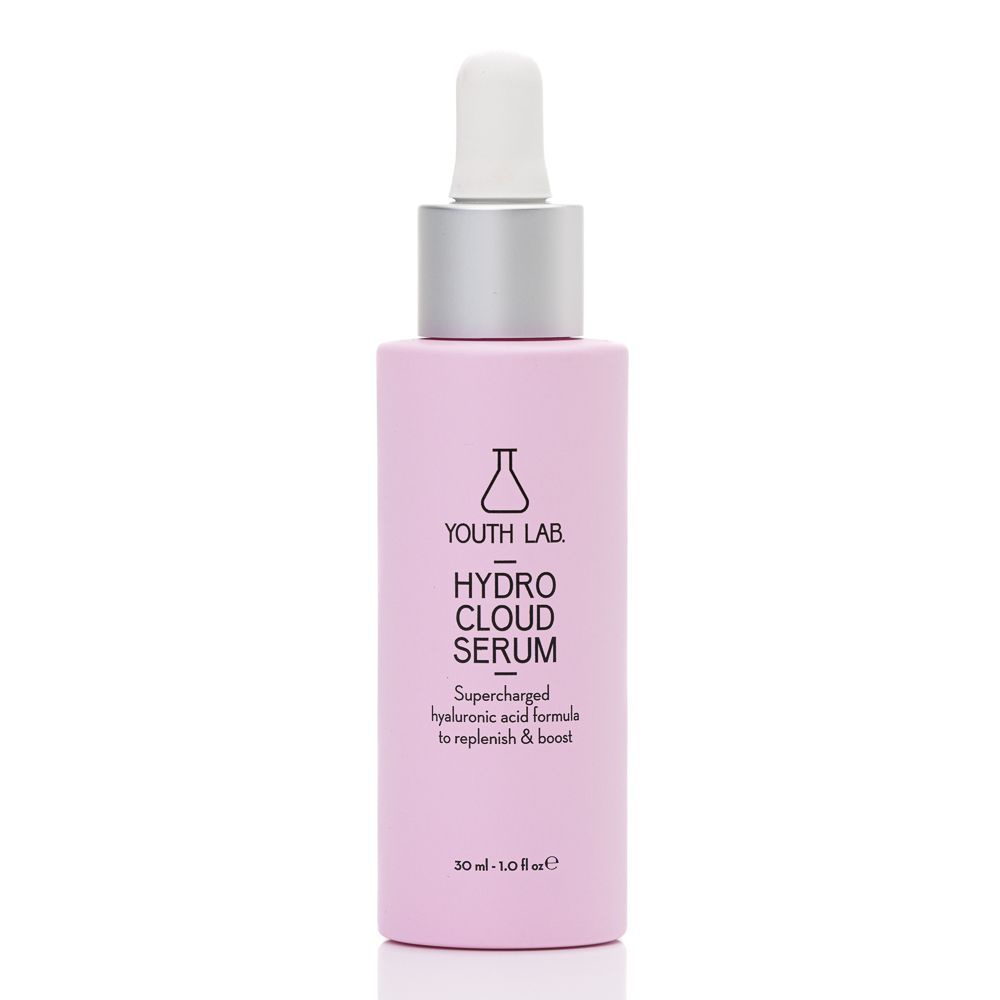 Rosa Flasche mit silbernem Verschluss und Pipette. Aufschrift: YOUTH LAB Hydro Cloud Serum. 30 ml.