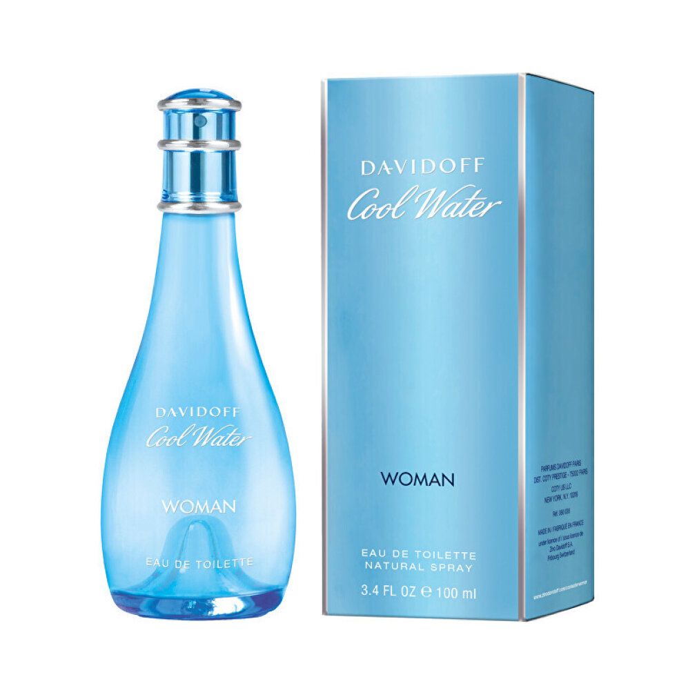 Hellblaue Flasche und Schachtel. Aufschrift: DAVIDOFF Cool Water WOMAN. Flasche mit Zerstäuber.