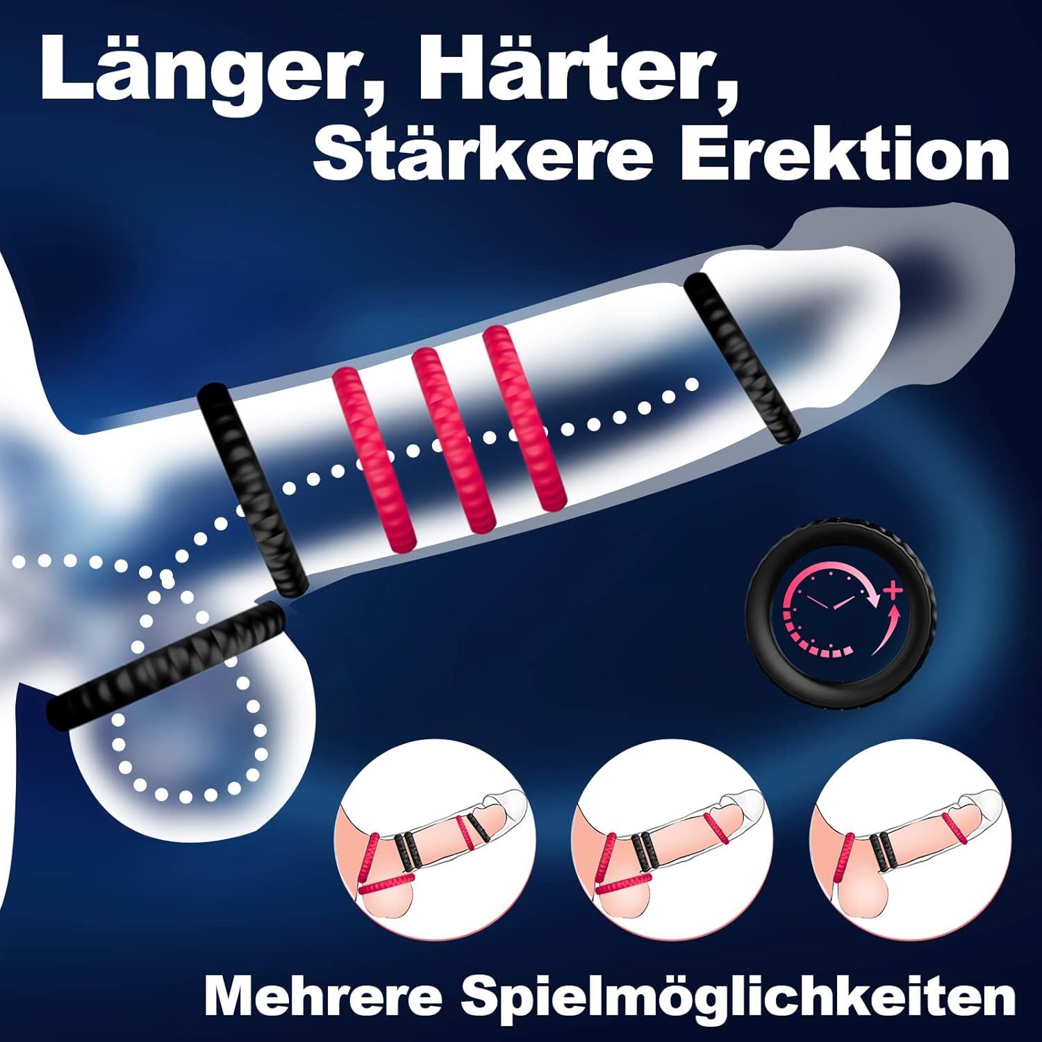 Ein Penisring-Set mit drei Ringen: zwei schwarze, gerippte Ringe und ein roter, gerippter Ring. Zeigt verschiedene Platzierungsmöglichkeiten.