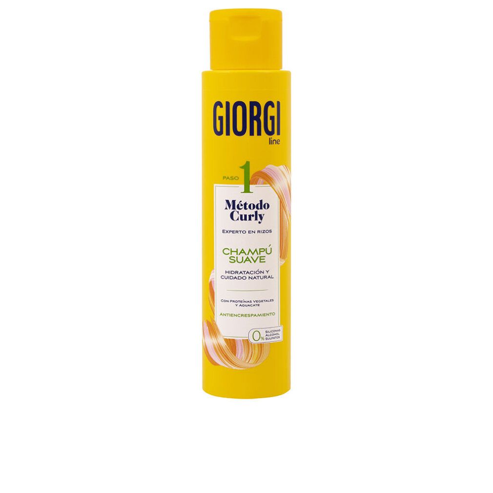 Gelbe Giorgi Line Champú Flasche. Aufschrift: Método Curly, Champú Suave. Hydratation und natürliche Pflege. Anti-Frizz.