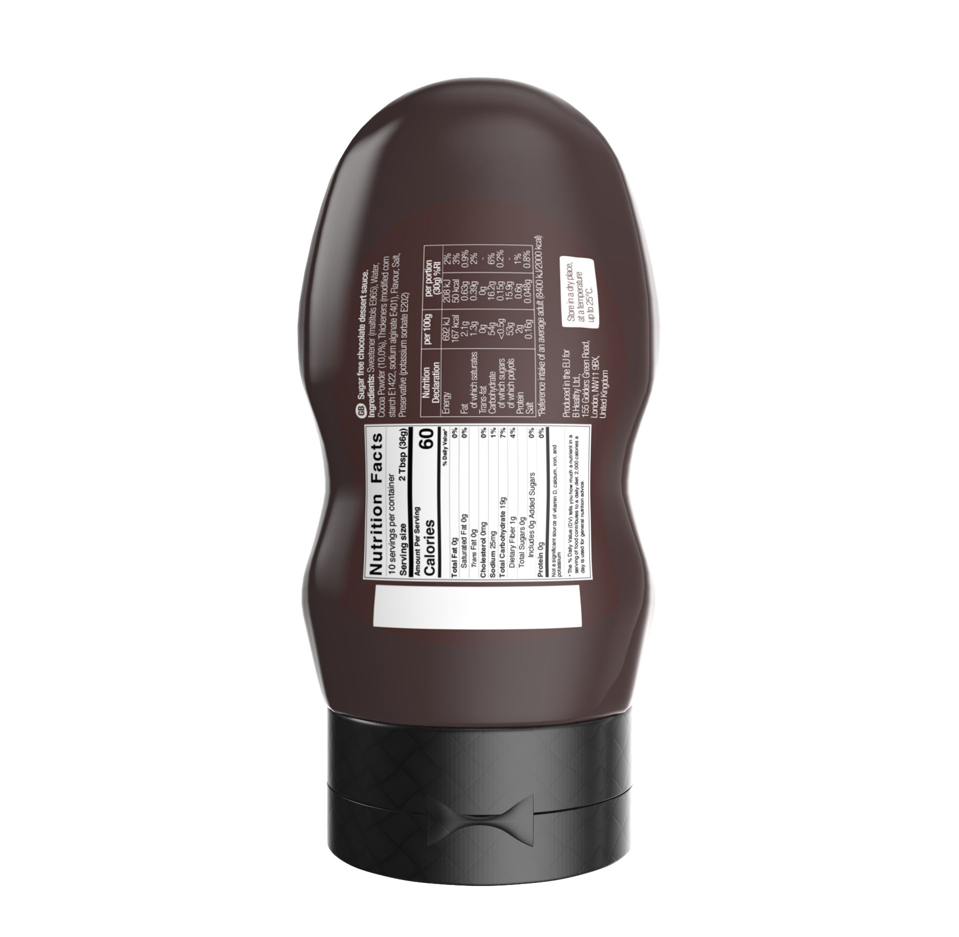 Rückseite einer braunen Flasche mit schwarzem Deckel. Etikett mit Nährwertangaben und Text.