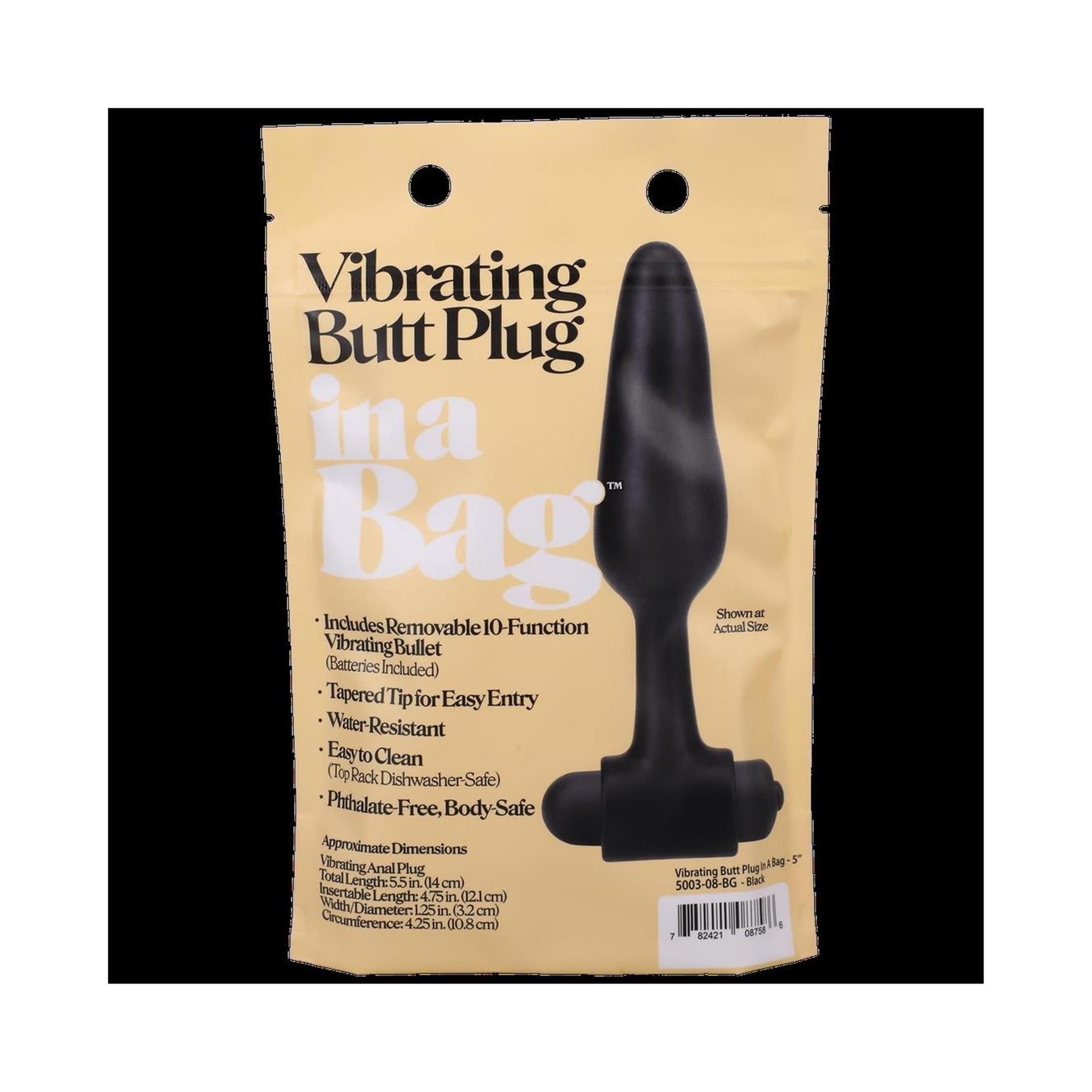 Schwarzer Vibrations-Butt Plug in Verpackung. Enthält abnehmbare 10-Funktionen Vibrationskugel. Phthalatfrei.