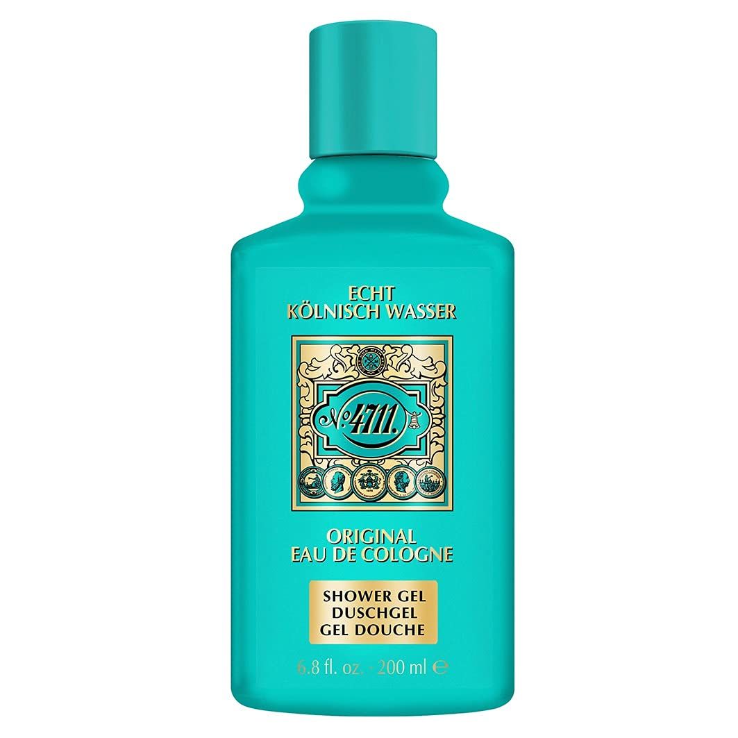 Türkisfarbene Flasche Duschgel. Aufschrift: Echt Kölnisch Wasser, Original Eau de Cologne, Shower Gel, Duschgel, Gel Douche.