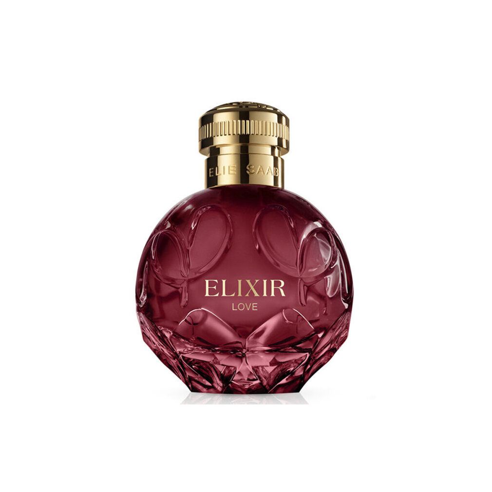 Rote Glasflasche Elie Saab Elixir Love Eau de Parfum, seitliche Ansicht.