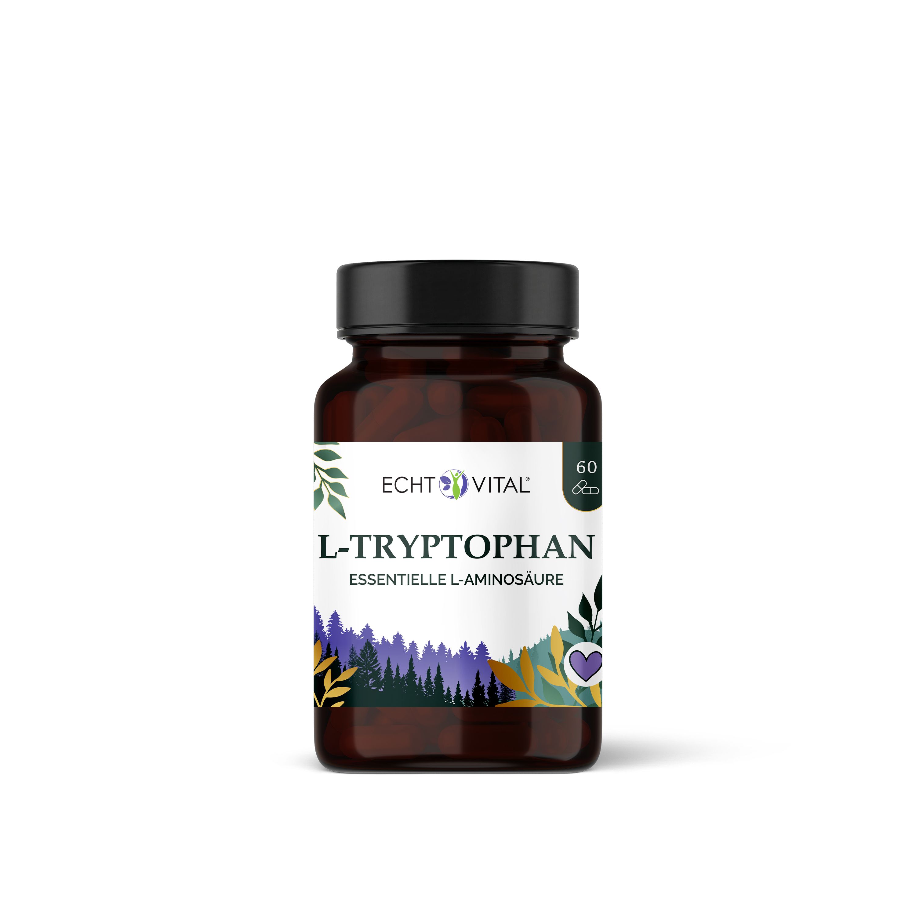 Braune Flasche mit schwarzem Deckel. Aufschrift: Echt Vital L-Tryptophan, 60 Kapseln. Grün umrandet mit Blättern und lila Blumen.