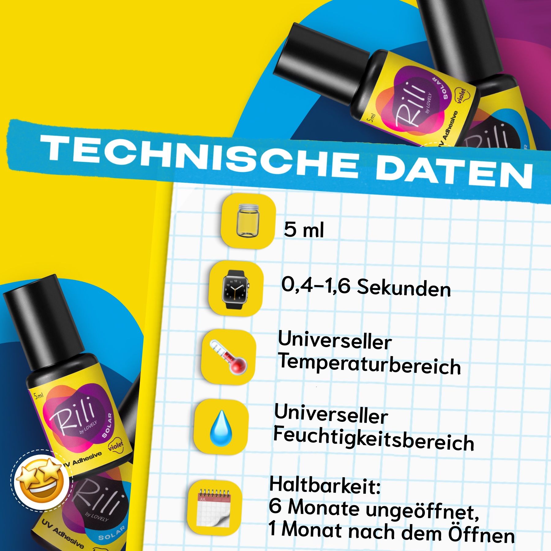 Infografik mit technischen Daten. Text: 5ml, 0,4-1,6 Sekunden, universeller Temperaturbereich.