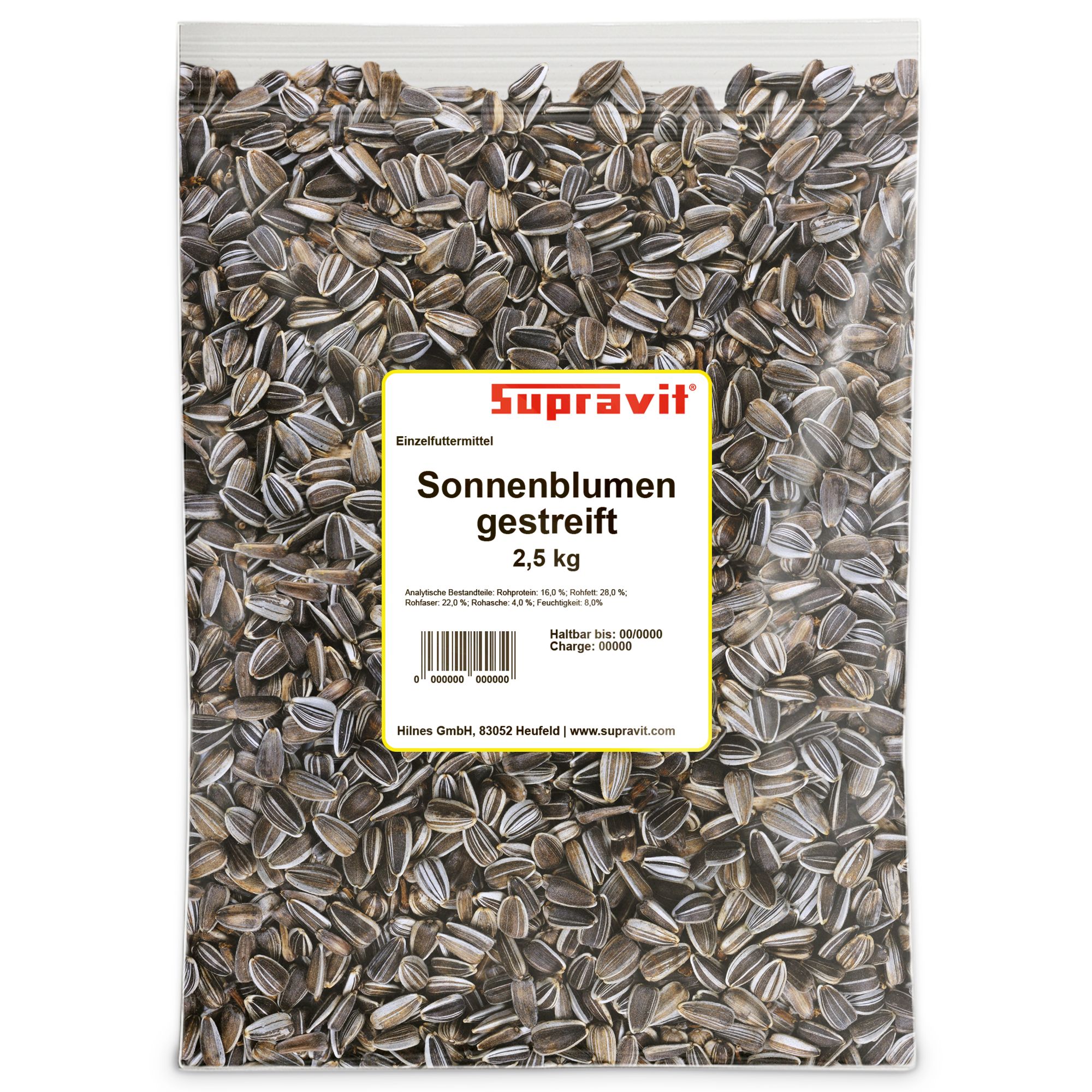 Transparente Tüte mit Sonnenblumenkernen. Aufkleber: Supravit, Sonnenblumen gestreift, 2,5 kg. Barcode.