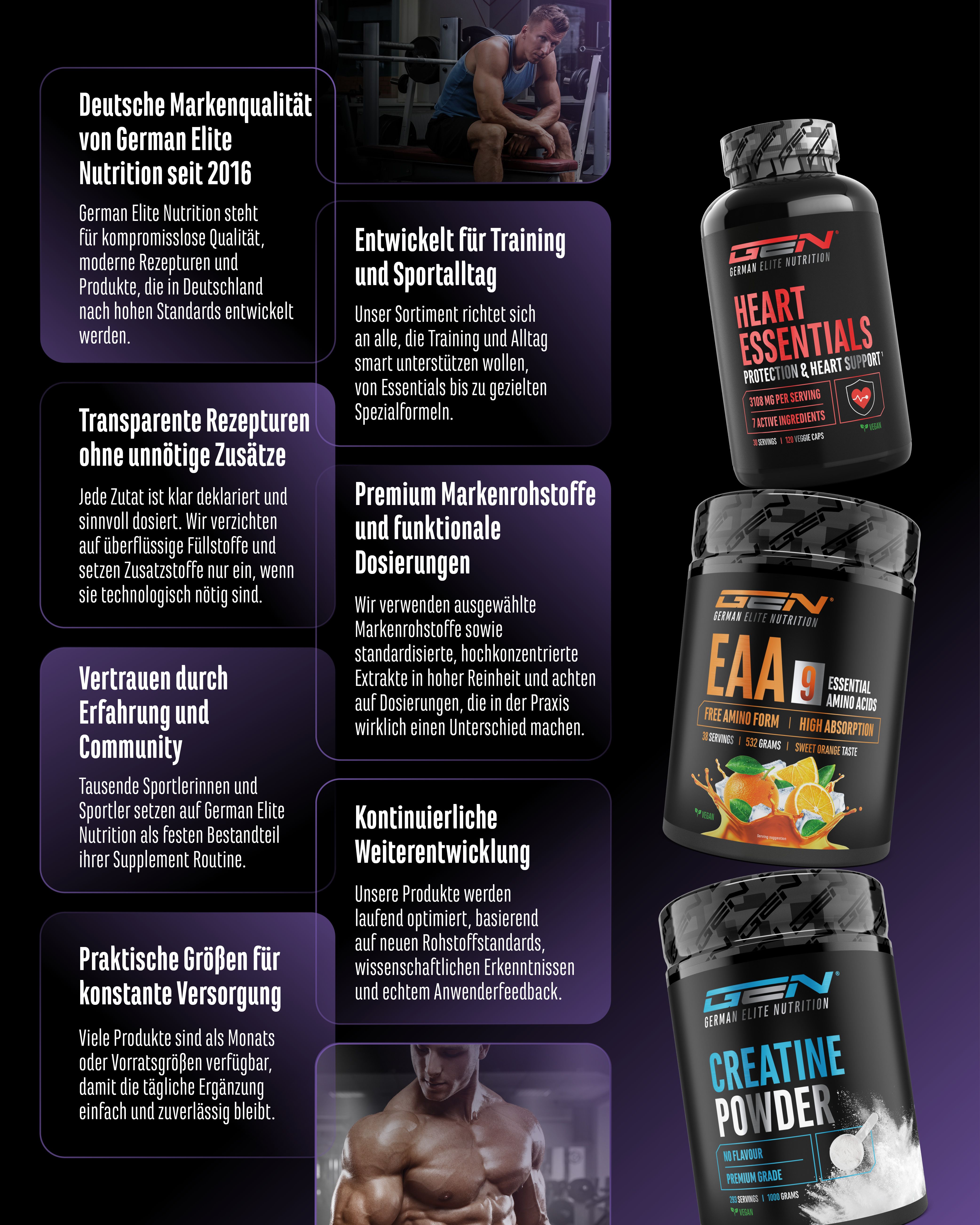 Werbung für GEN-Produkte. Heart Essentials, EAA 9, Creatine Powder. Deutsche Markenqualität, transparente Rezepte, Premium-Rohstoffe.