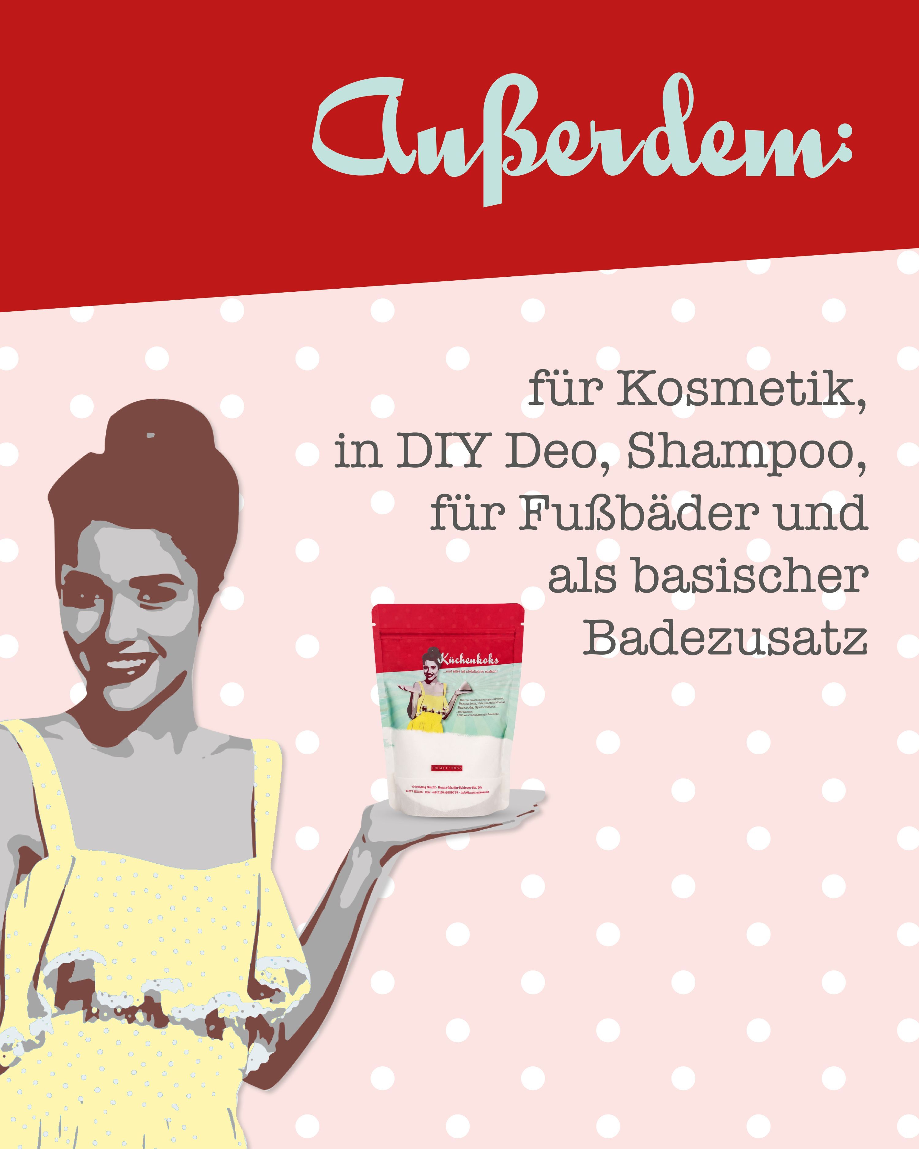 Illustration einer Frau, die ein Päckchen Küchenkoks hält. Text: "Außerdem".