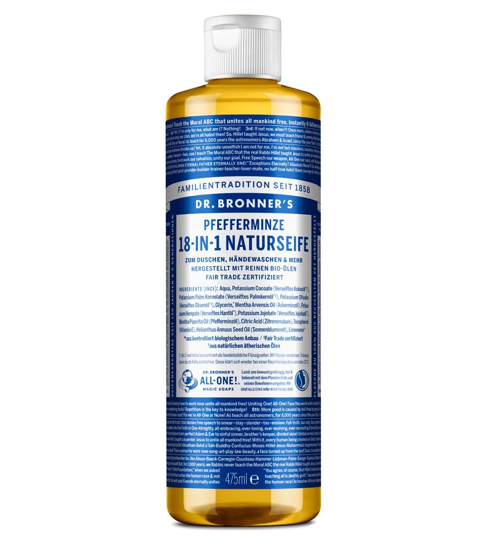 Dr. Bronner's Pfefferminze Naturseife. Flasche mit weißem Deckel. Blaue und weiße Etiketten mit Text. 475ml.
