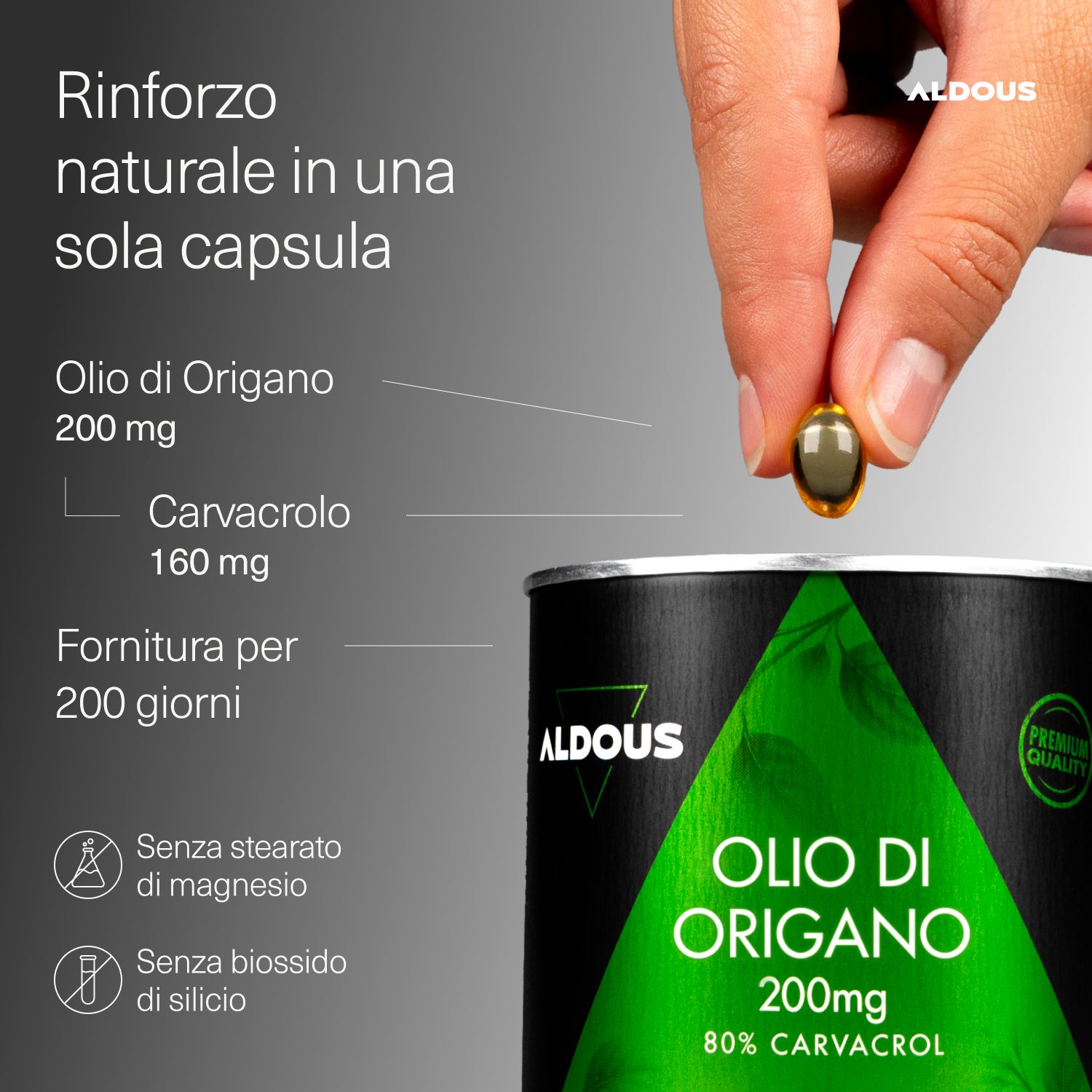 Hand hält eine Aldous Olio di Origano Kapsel über der Dose.