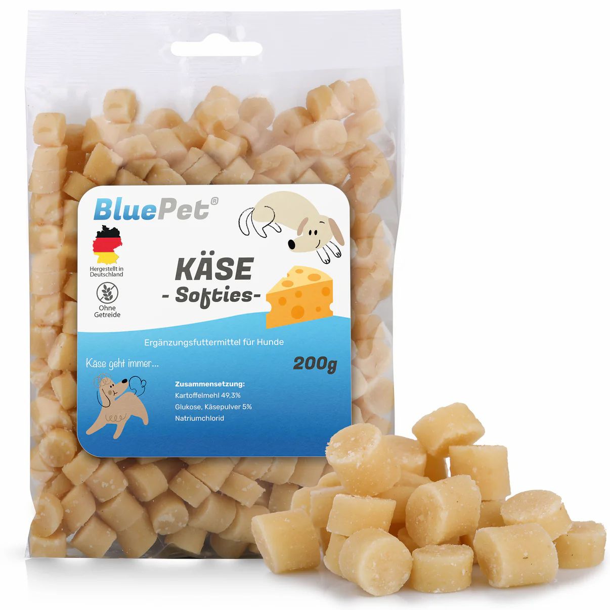 Transparente Tüte mit Käse-Softies. Aufdruck: BluePet, Käse-Softies, 200g, Logo, Inhaltsangaben.
