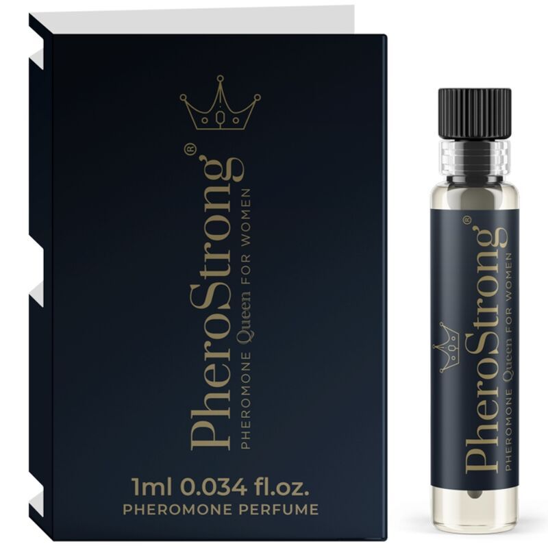 Dunkelblaue Verpackung und Flakon. Goldfarbener Schriftzug: PheroStrong, 1ml, Pheromon-Parfüm. Transparenter Flakon mit schwarzem Verschluss.