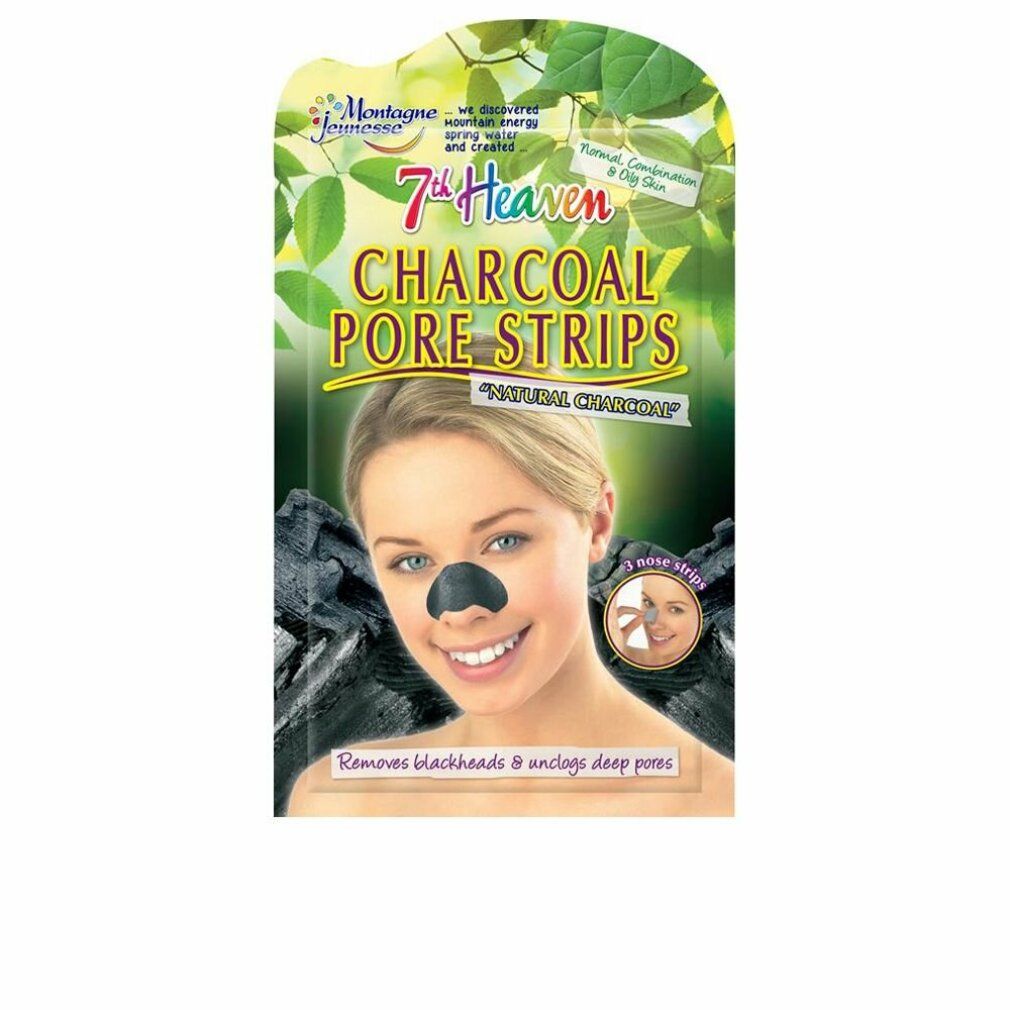 7th Heaven Charcoal Pore Strips Packung mit 3 Nasenstreifen, zeigt eine Frau mit einem aufgetragenen Nasenstreifen.