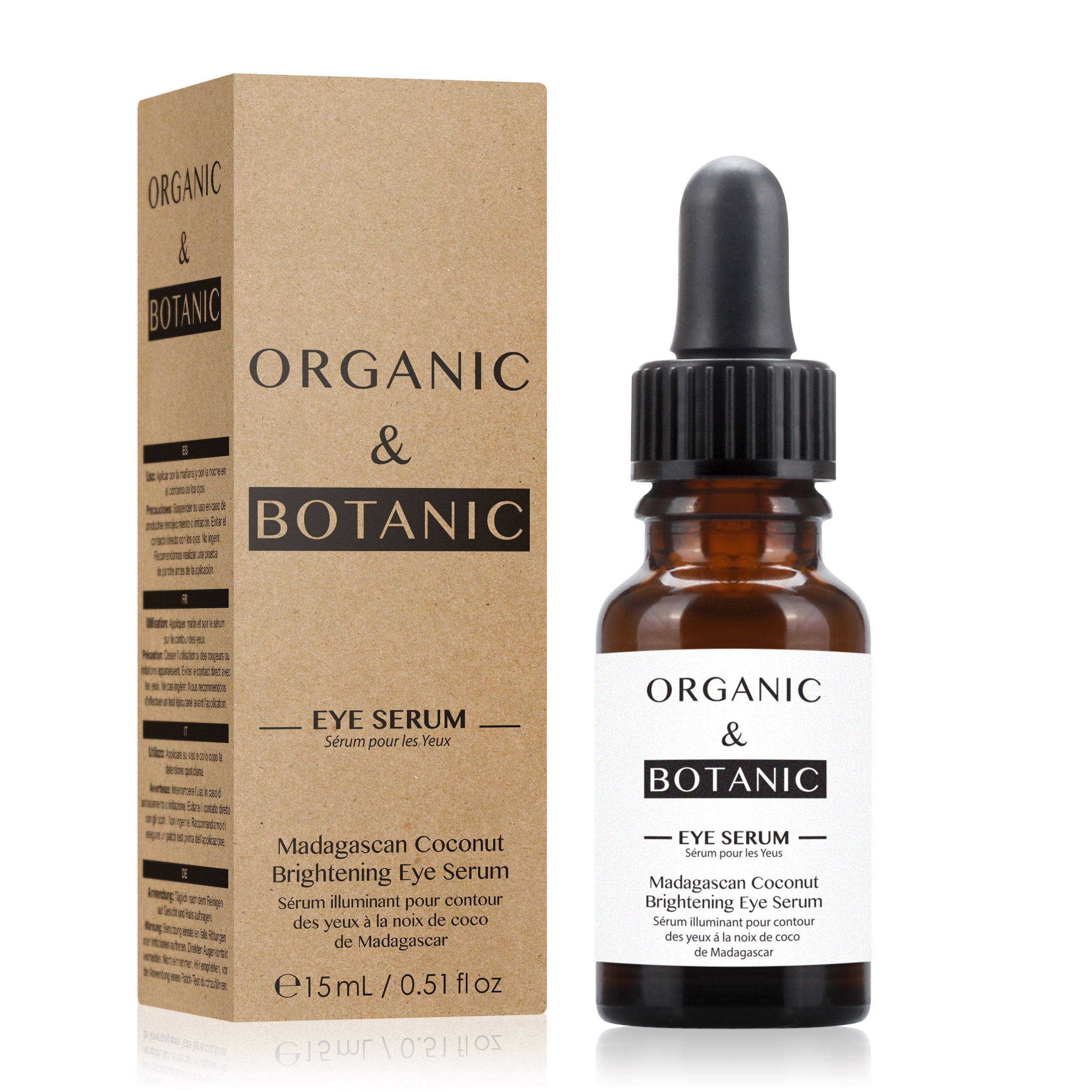 Braune Glasflasche mit Pipette und Karton. Aufschrift: Organic & Botanic Eye Serum. Französisch und englisch.
