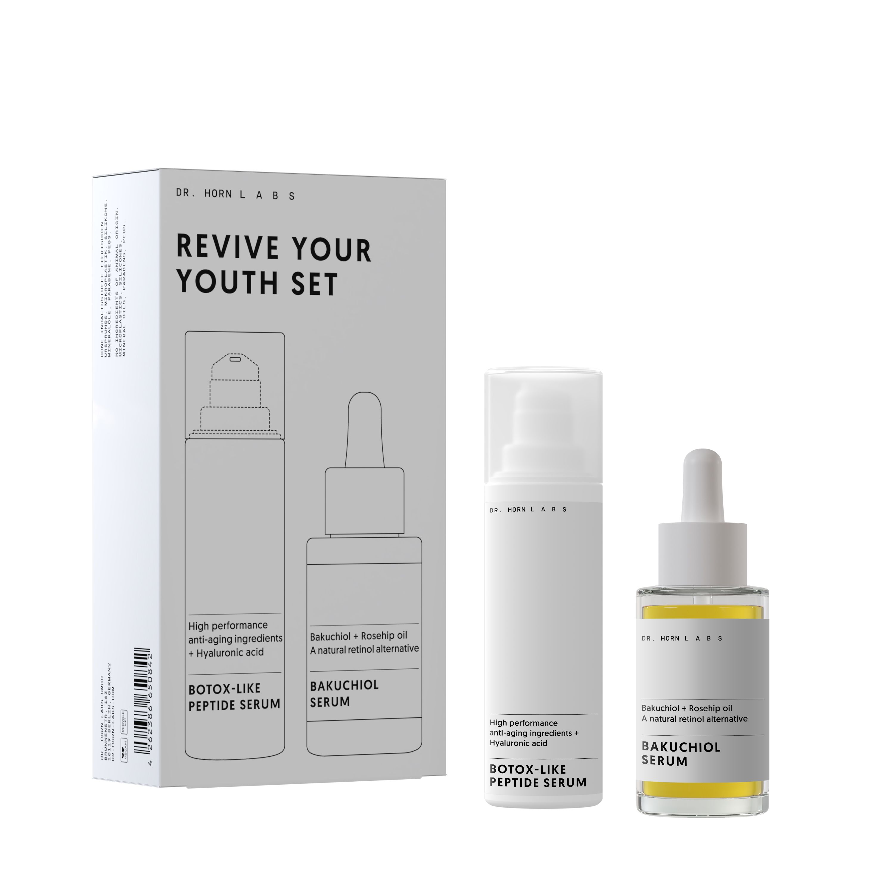 Produktset mit zwei Flaschen und einer Box. Beschriftung: DR. HORN LABS, Revive Your Youth Set. Produkte: Botox-Like Peptide Serum, Bakuchiol Serum.