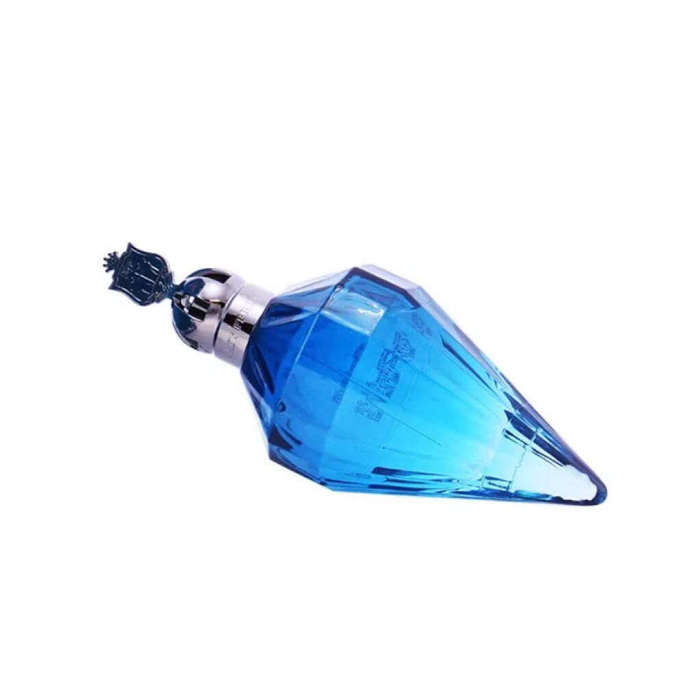 Blaues Parfüm in rautenförmiger Flasche mit silbernem Verschluss und Krone. Liegend.