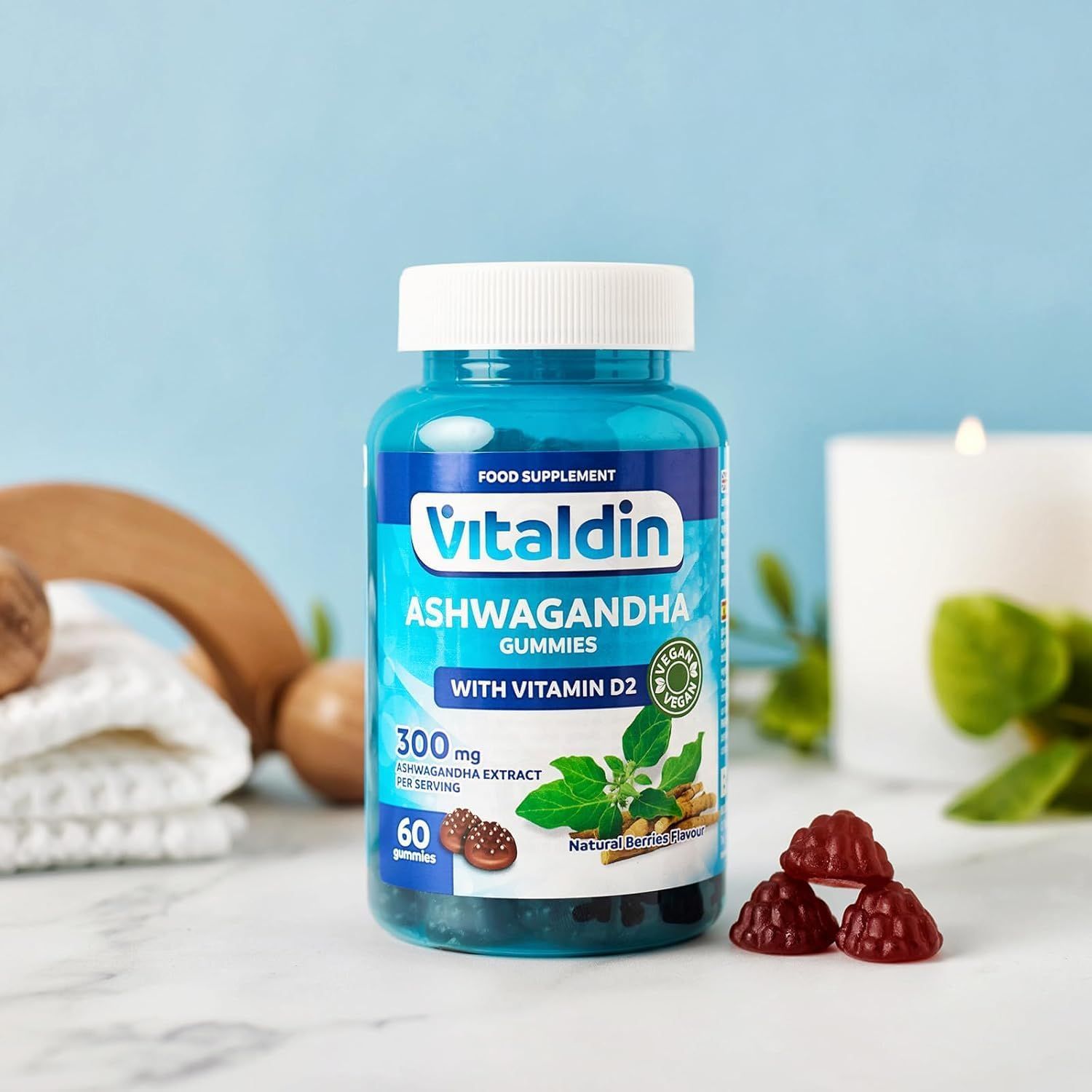 Vitaldin Ashwagandha Gummis mit Vitamin D2, 300mg Ashwagandha Extrakt pro Portion, 60 Gummis.