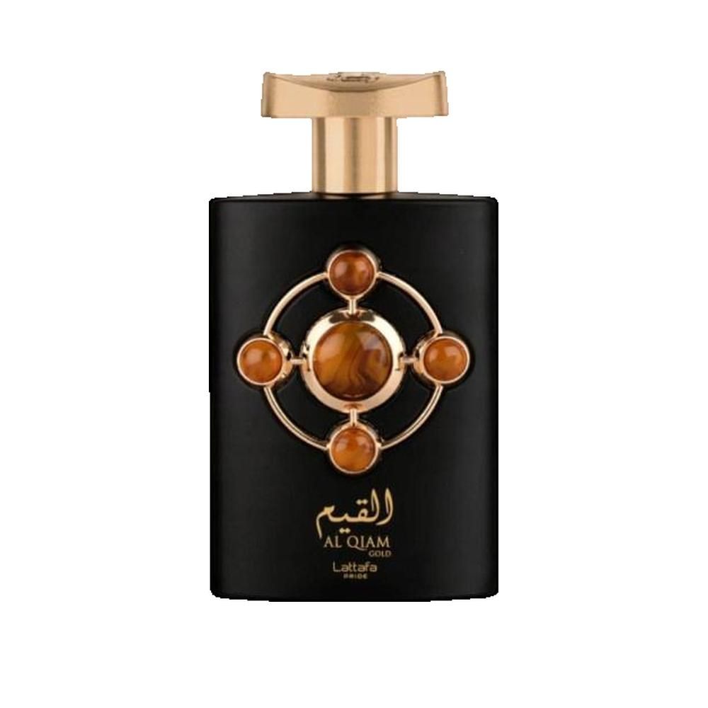 Schwarzer Flakon mit goldfarbenen Verzierungen und Schriftzug. Goldfarbener Verschluss.