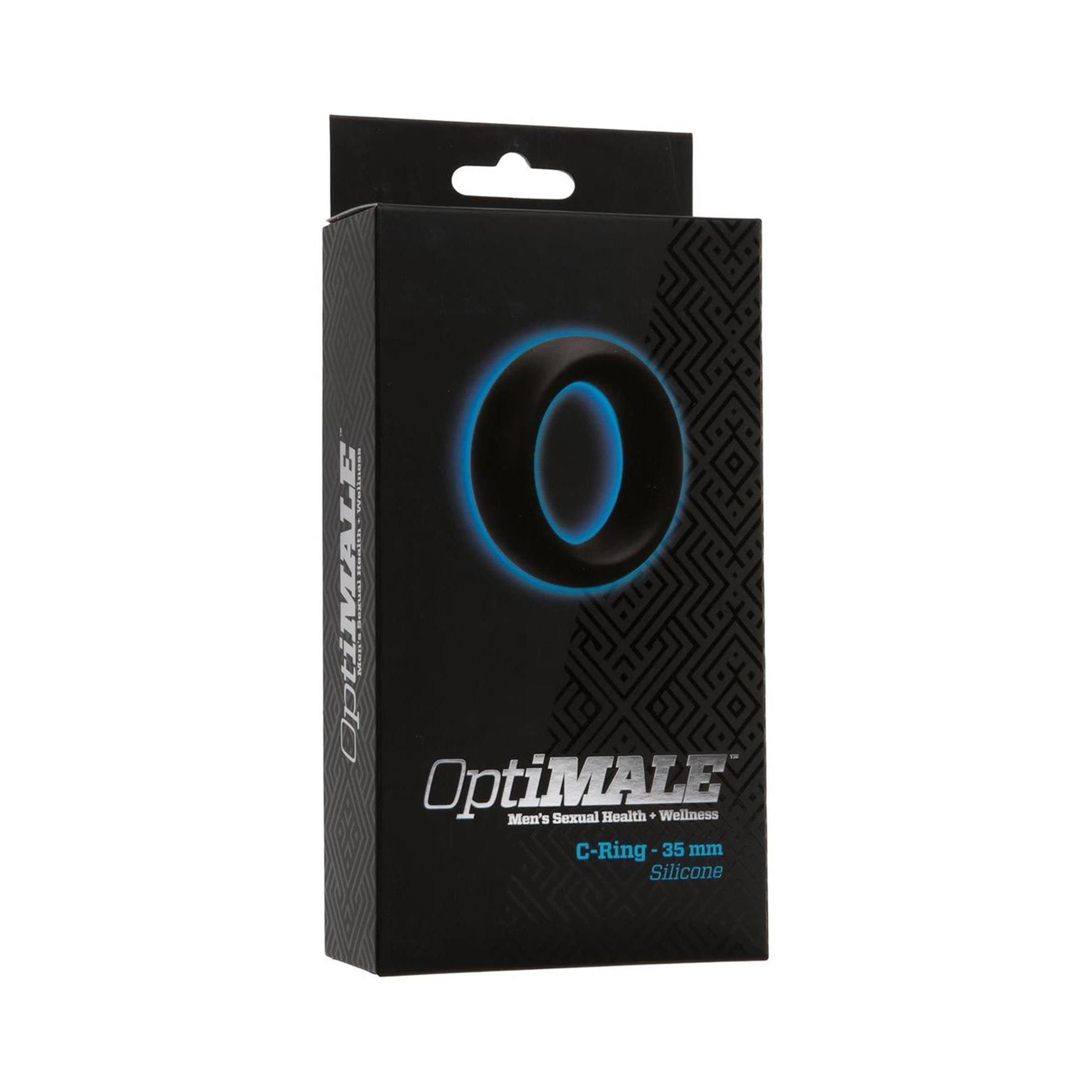 Schwarzer C-Ring in Verpackung. Aufschrift: Optimale, C-Ring 35 mm, Silikon. Schwarze Box mit blauem Kreis.