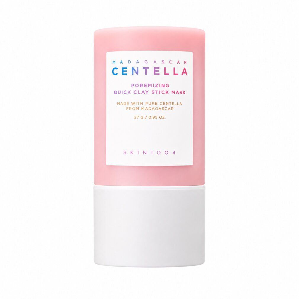 SKIN1004 Madagascar Centella Porenizing Quick Clay Stick Maske, rosa und weißer Behälter, Produktaufnahme.