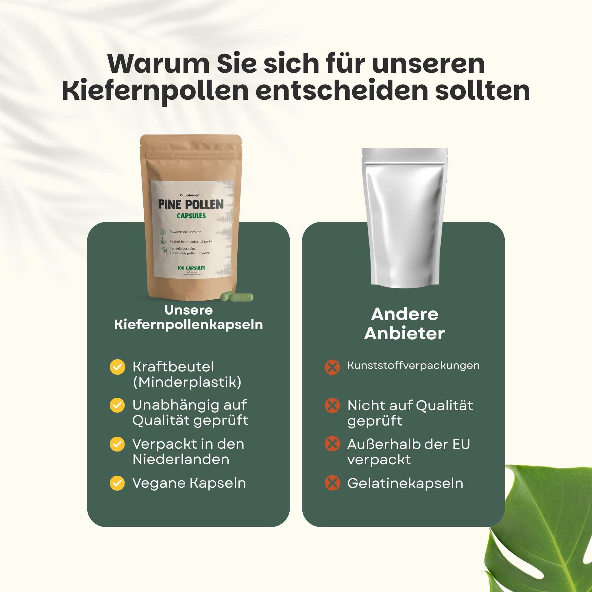 Vergleich: Kiefernpollen Kapseln in Kraftbeutel vs. andere Anbieter in Kunststoffverpackungen. Vegan.