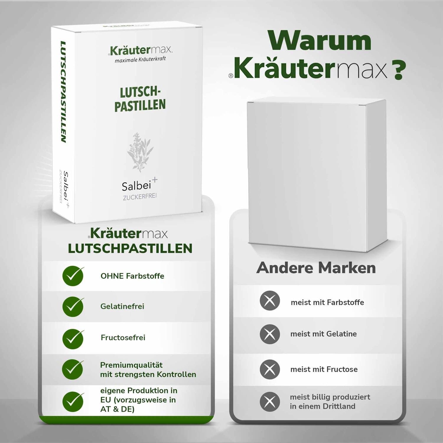 Vergleich Kräutermax Lutschpastillen mit anderen Marken. Vorteile: Ohne Farbstoffe, Gelatinefrei, Fructosefrei, Premiumqualität.