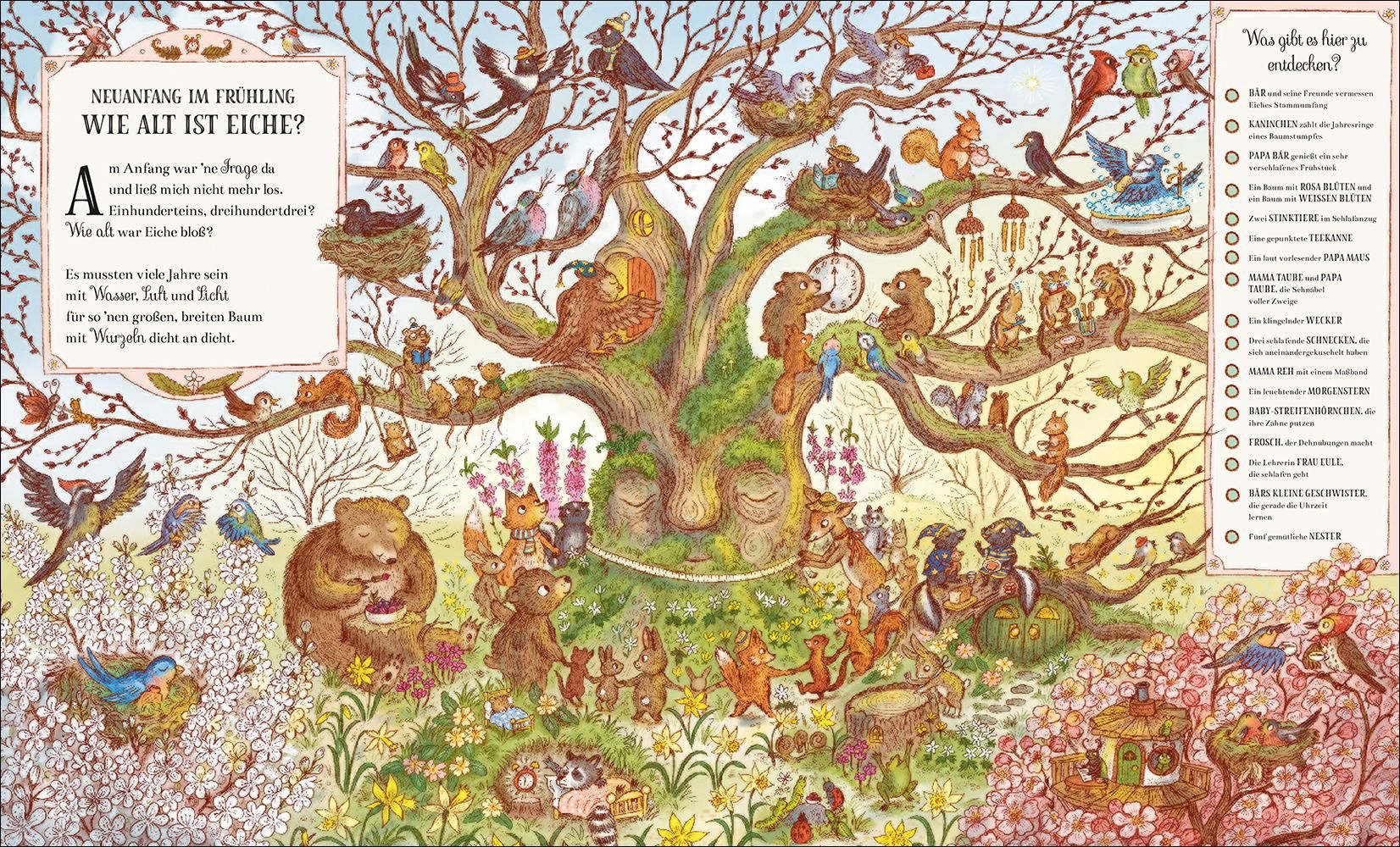Doppelseite aus einem Buch. Illustration eines Baumes mit Tieren, Textfelder mit Text und Illustrationen. Titel: 'Wie alt ist Eiche?'