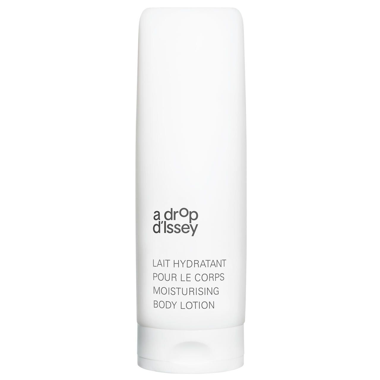 Weiße Tube mit "a drop d'Issey"-Logo und Text: LAIT HYDRATANT POUR LE CORPS, MOISTURISING BODY LOTION.