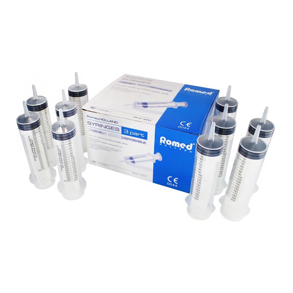 Spritzen mit Luer-Ansatz und schwarzem Kolben. Verpackung mit Romed-Logo und CE-Kennzeichnung.