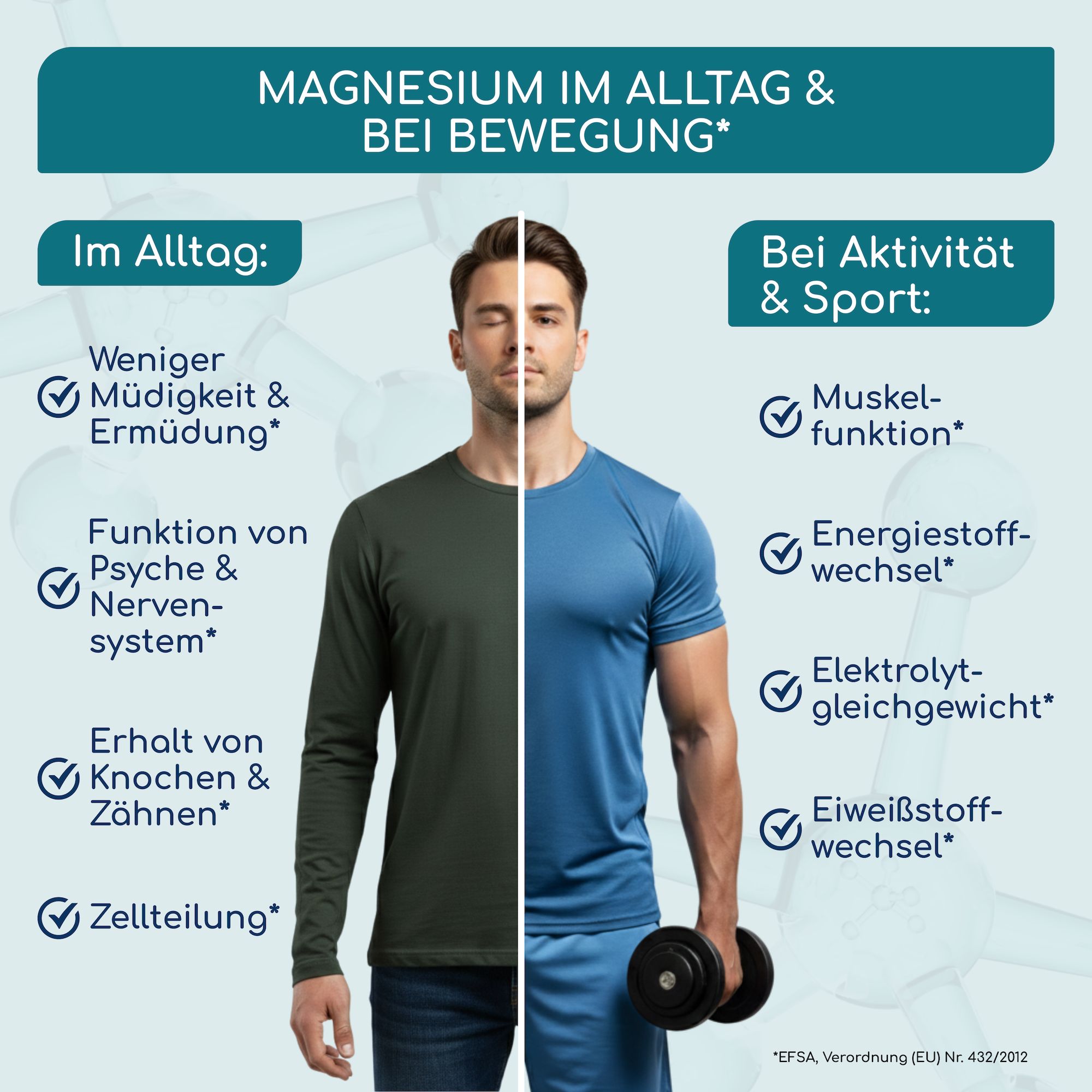 Zwei Männer. Text: Magnesium im Alltag & bei Bewegung. Weniger Müdigkeit, Muskelfunktion, Energie.