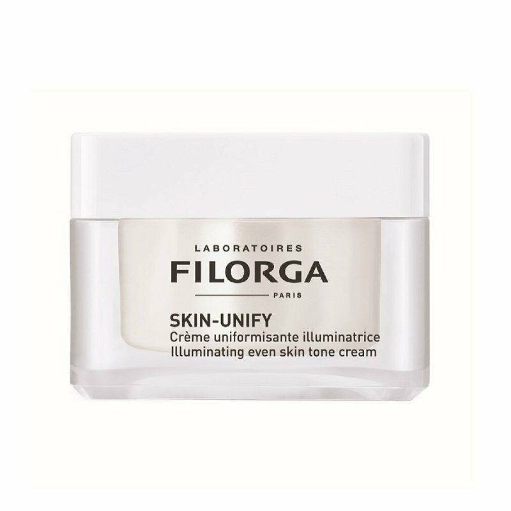 Creme-Tiegel mit weißem Deckel. Aufschrift: FILORGA SKIN-UNIFY. Creme für einen ebenmäßigen Hautton.