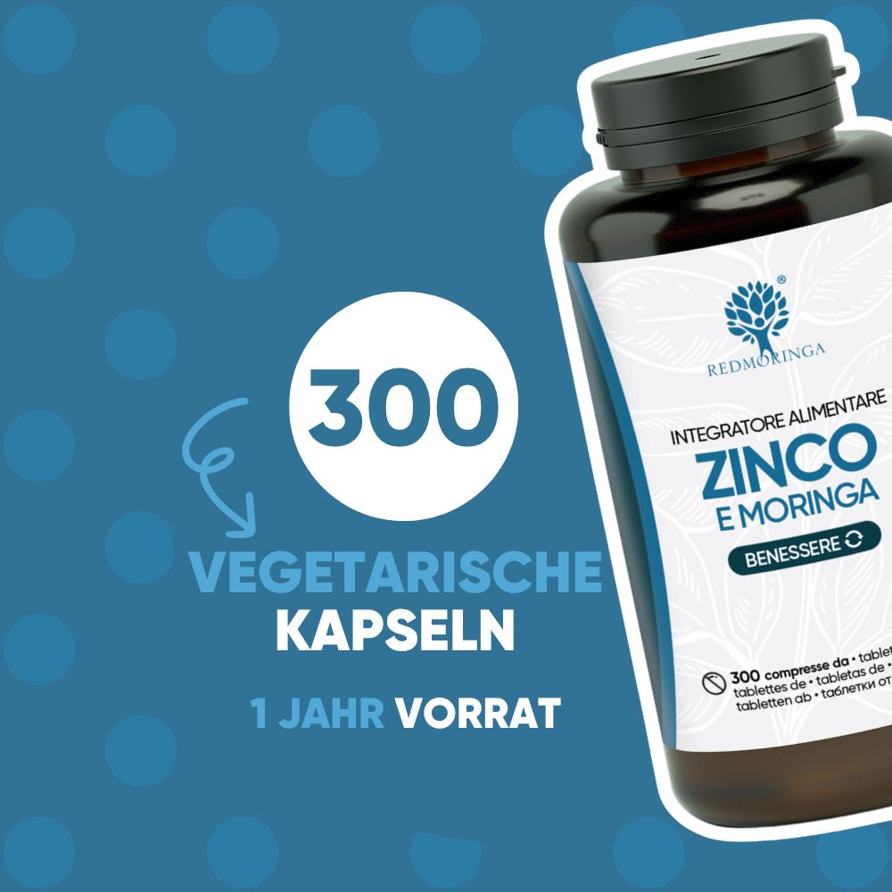 Flasche mit 300 vegetarischen Kapseln Zink und Moringa, 1 Jahr Vorrat.
