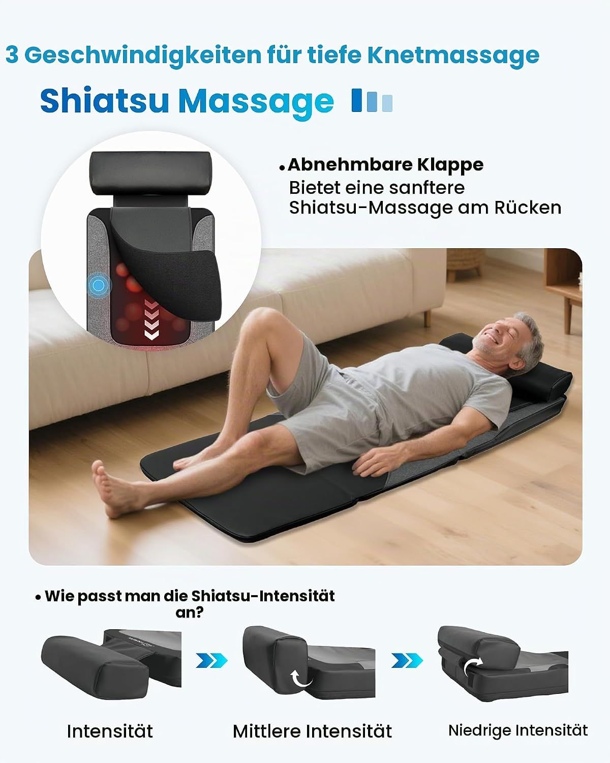 Shiatsu-Massagegerät mit abnehmbarer Klappe für Rückenmassage.