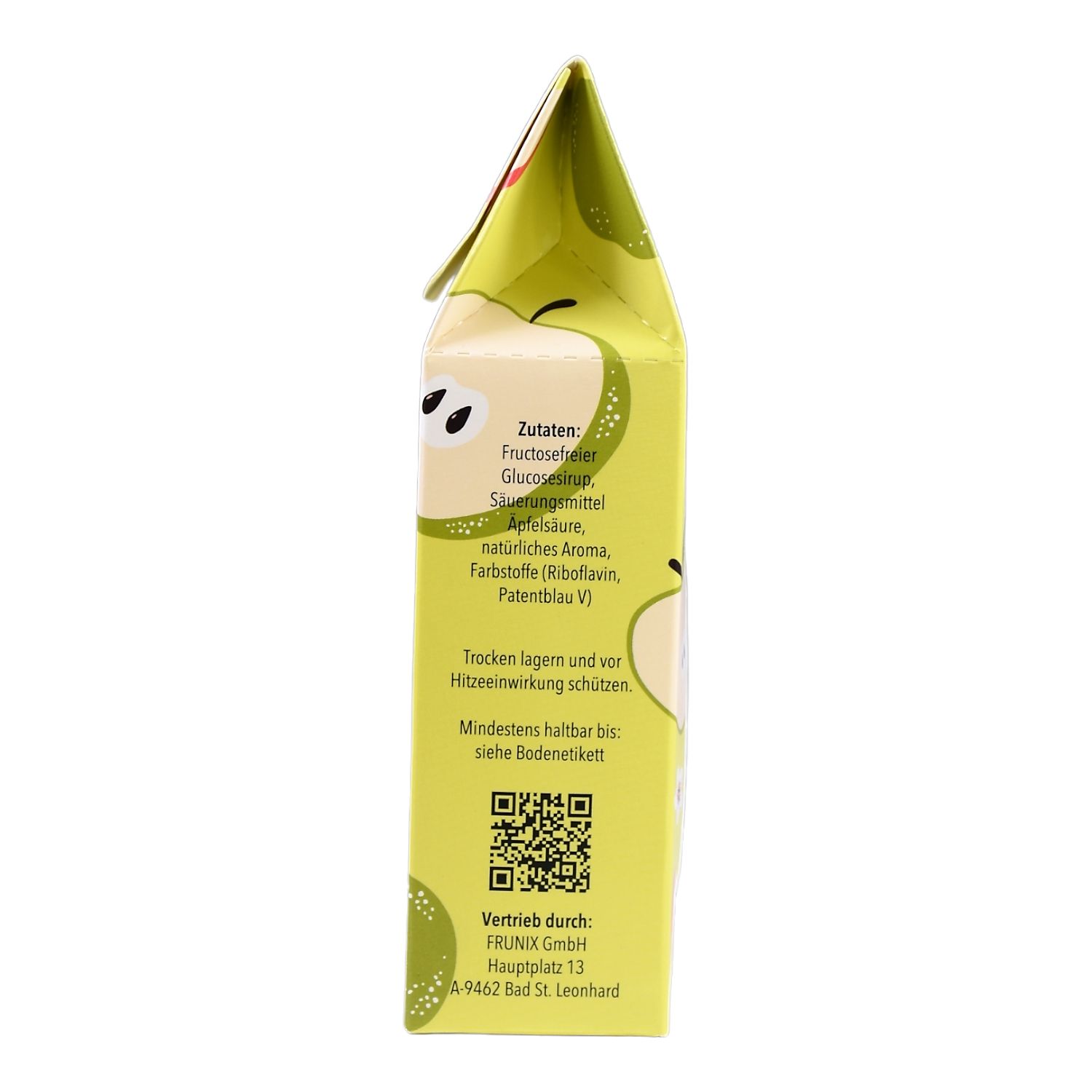 Seitenansicht der Frunix Bonbons Verpackung. Grün-gelbe Schachtel mit Apfel-Illustrationen und Text. Enthält Zutatenliste und QR-Code.