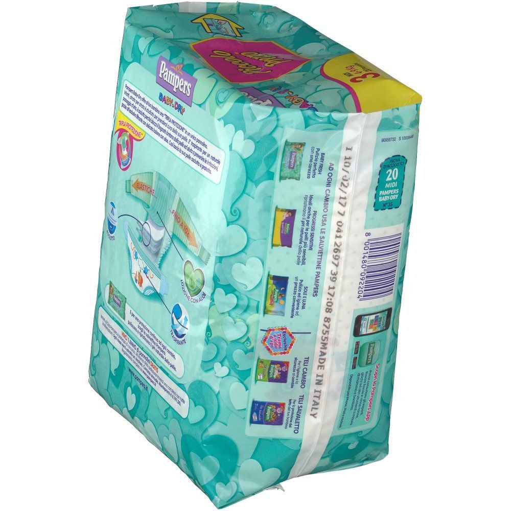 Confezione di pannolini Pampers Baby-Dry Midi, vista obliqua. Nome del prodotto e illustrazione del bambino sulla confezione. Dettagli taglia e quantità.