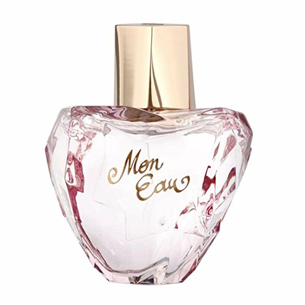 Herzförmiger, rosa Parfümflakon mit goldenem Verschluss. Schriftzug Mon Eau in Gold. Glas mit Facettenschliff.