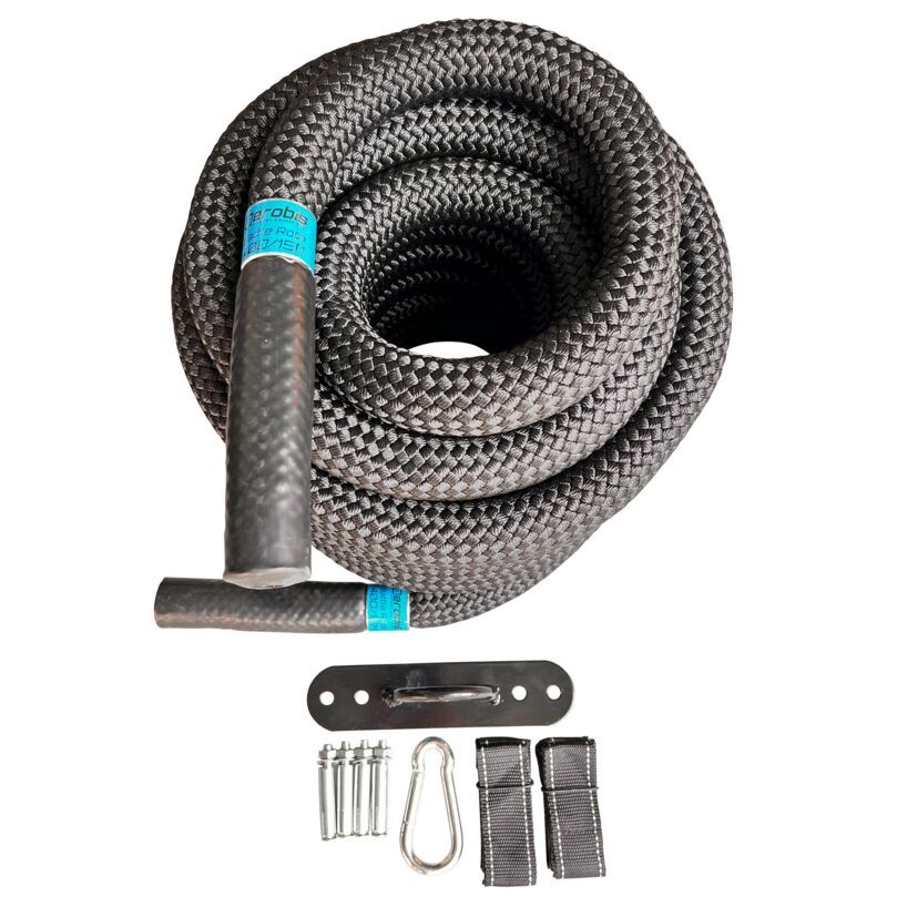 Graue Trainingsseilrolle mit Griffen. Inklusive Befestigungsmaterial: Platte, Karabiner, Gurte und Schrauben.