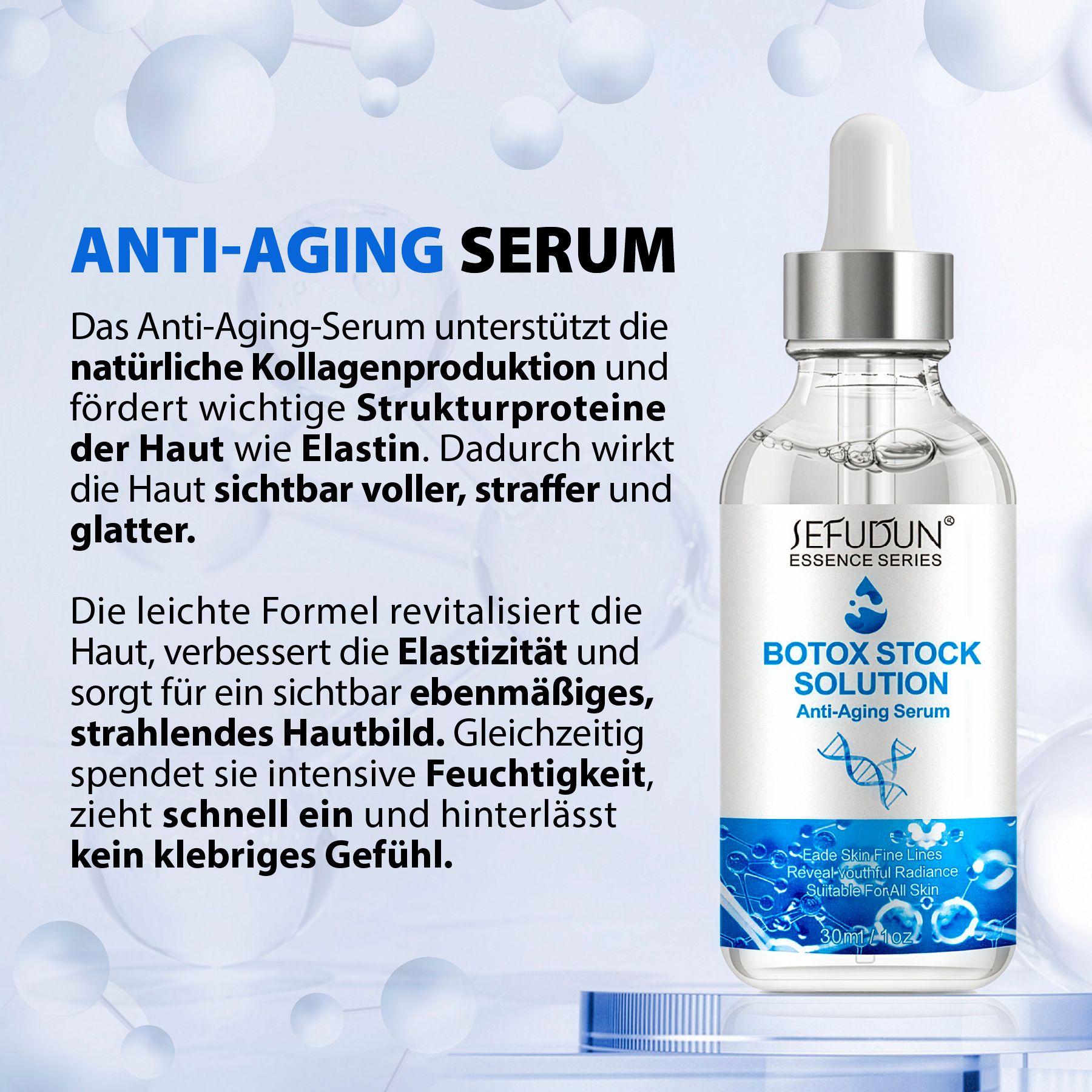 Flasche mit Pipette, gefüllt mit klarem Anti-Aging-Serum. Etikett zeigt 'SEFUDUN' und 'Botox Stock Solution'.