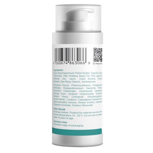 Rückseite der Creme-Flasche mit Zutatenliste, Barcode und QR-Code. Text: Skin Cream, Kontakt mit den Augen vermeiden.