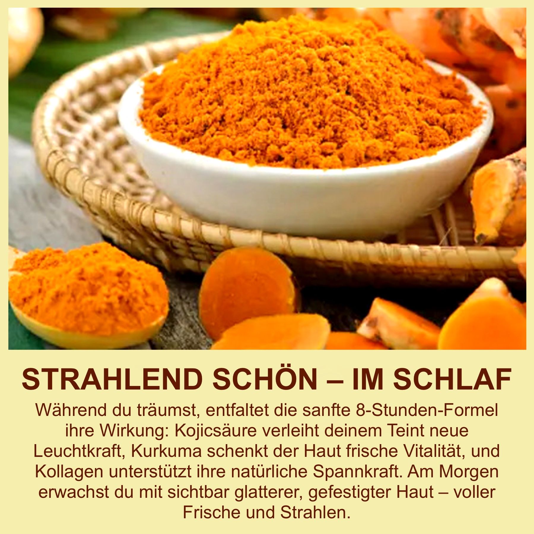 Schüssel mit Kurkumapulver, daneben Kurkuma-Stücke.