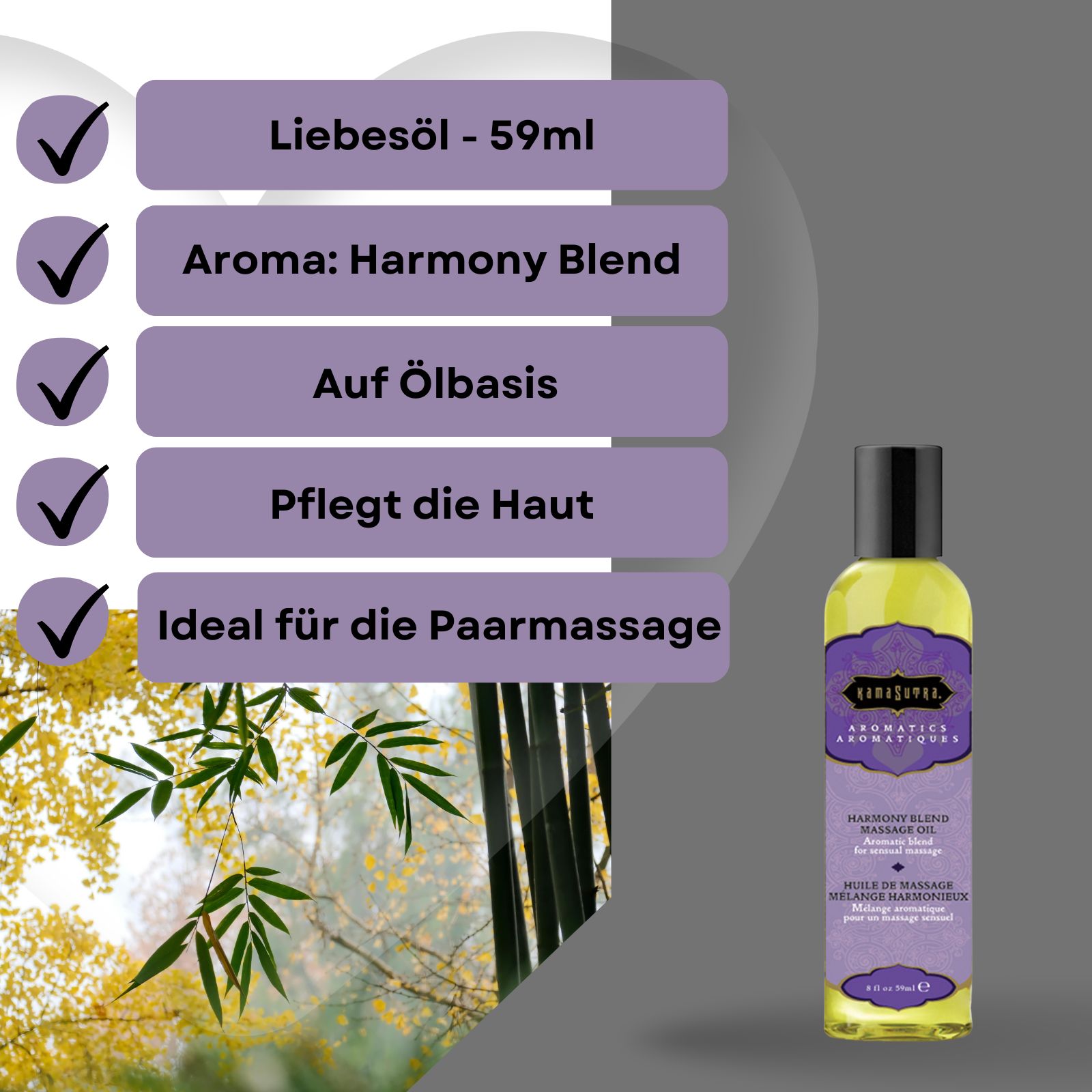 Flasche mit Massageöl. Lila Etikett mit Produktnamen und Text. Schwarzer Deckel. 59ml. Auf Ölbais. Ideal für die Paarmassage.