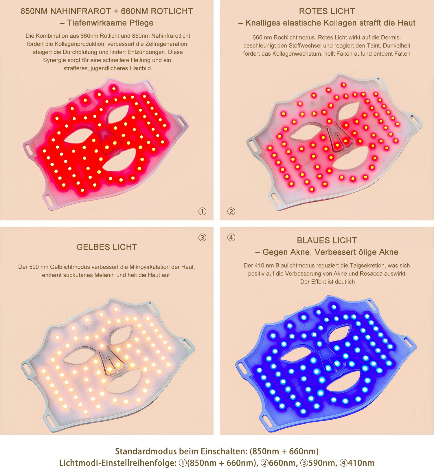 COOL-i LED Gesichtsmaske,4 Lichtfarben,Infrarot,kabellos, mit 10 Min.Timer