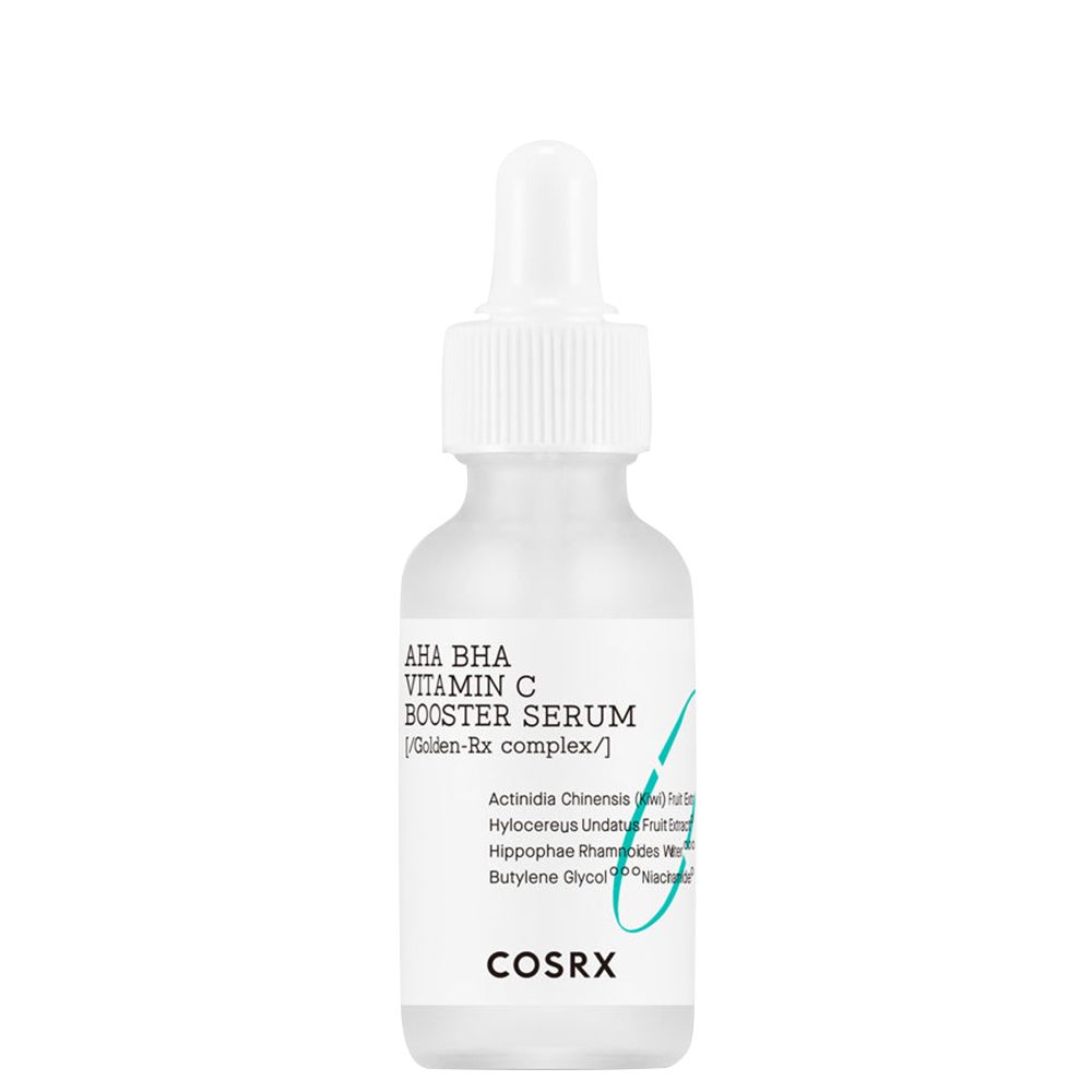 Serumflasche mit Pipette. Aufschrift: AHA BHA Vitamin C Booster Serum. Marke: COSRX.