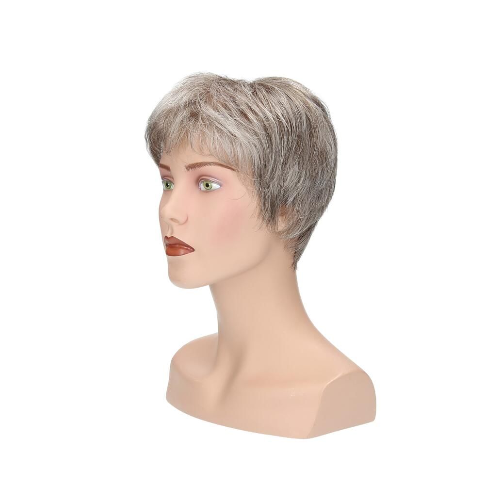 Perücke Lima auf einem Schaufensterkopf. Kurze, graue Haare. Seitenansicht.