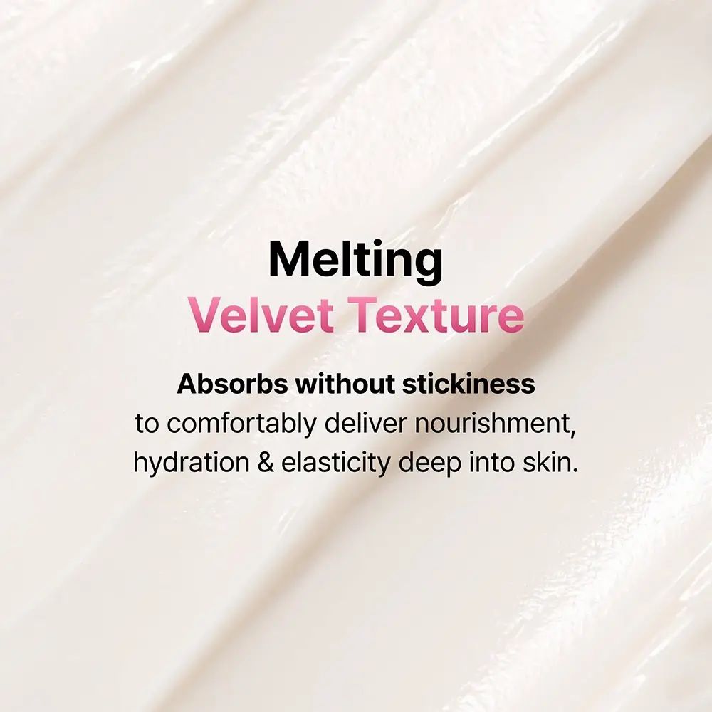 Nahaufnahme von Creme. Text: Melting Velvet Texture. Absorbiert ohne Klebrigkeit. Für Ernährung, Feuchtigkeit und Elastizität.