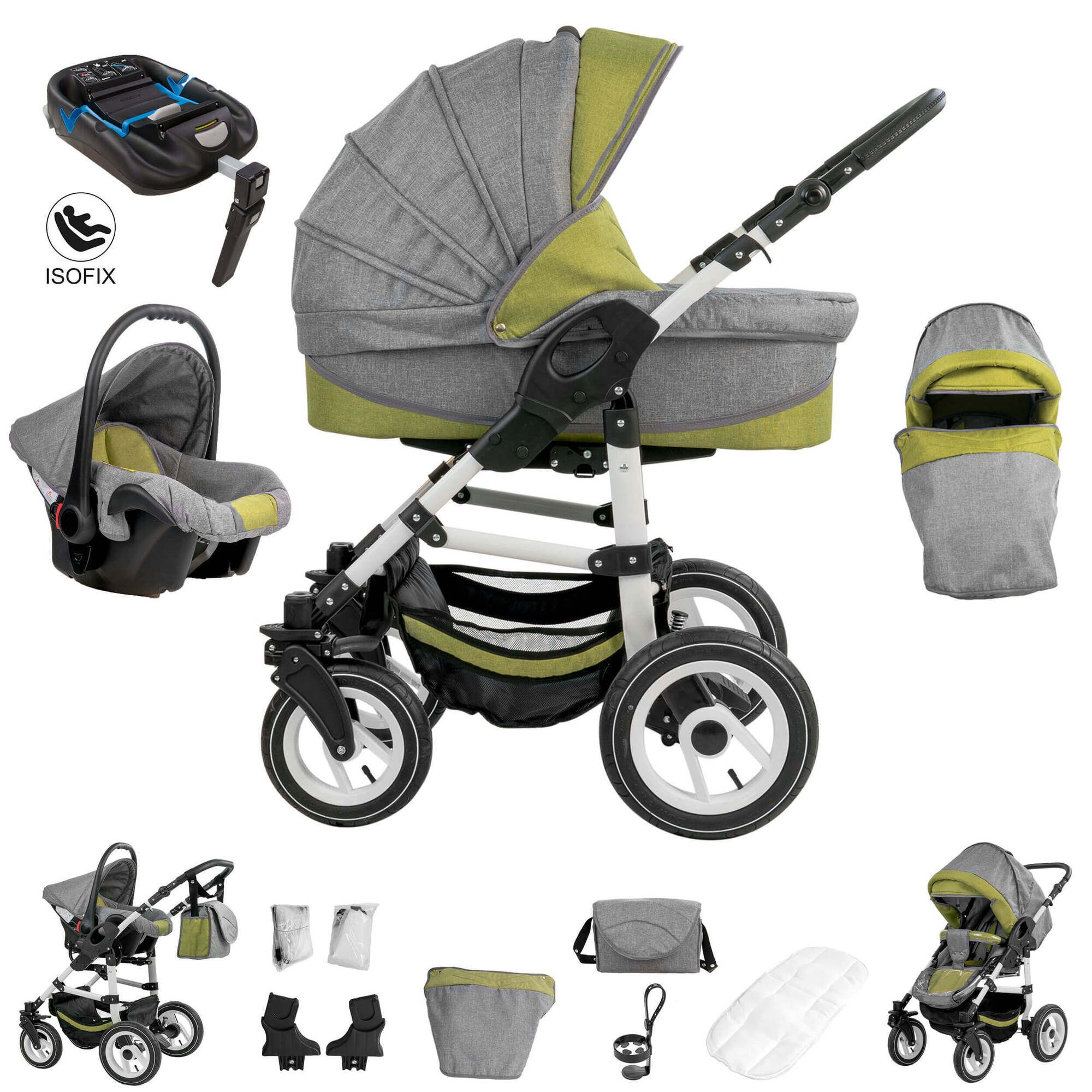 Kinderwagen-Komplettset mit ISOFIX-Basis, Luftreifen. Grau-grüne Stoffe, weißes Gestell. Enthält Babyschale, Tragetasche, Zubehör.