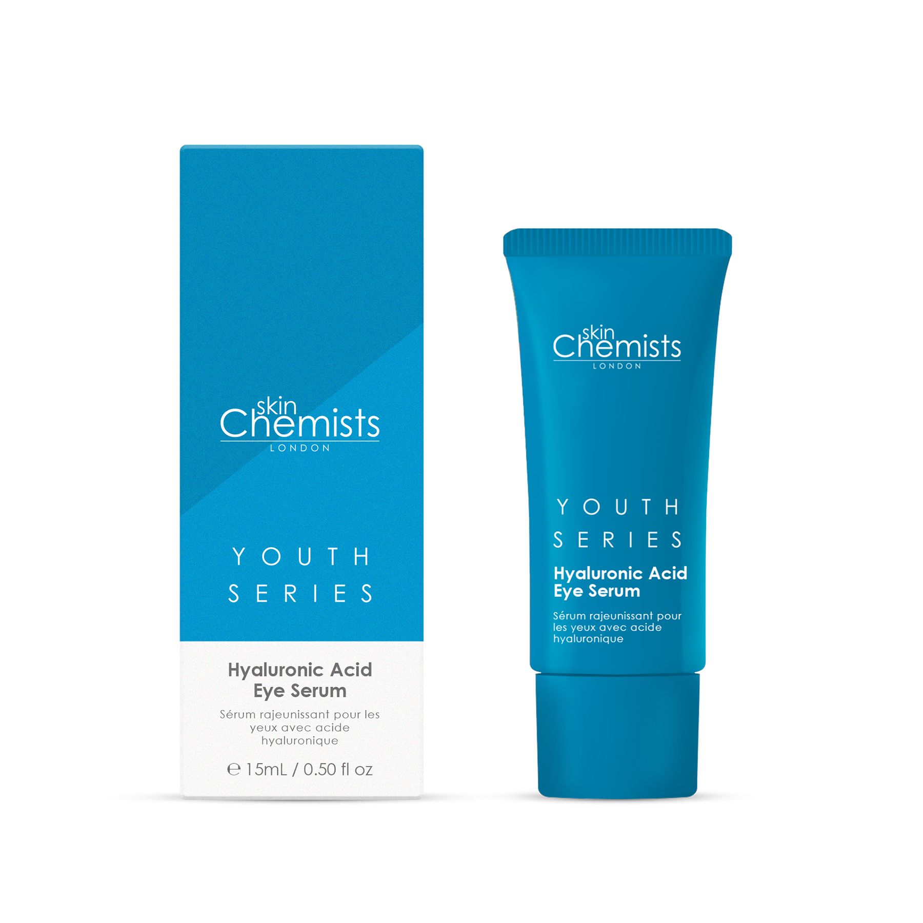Blaues Tube und Schachtel mit "skinChemists" und "Youth Series Hyaluronic Acid Eye Serum".