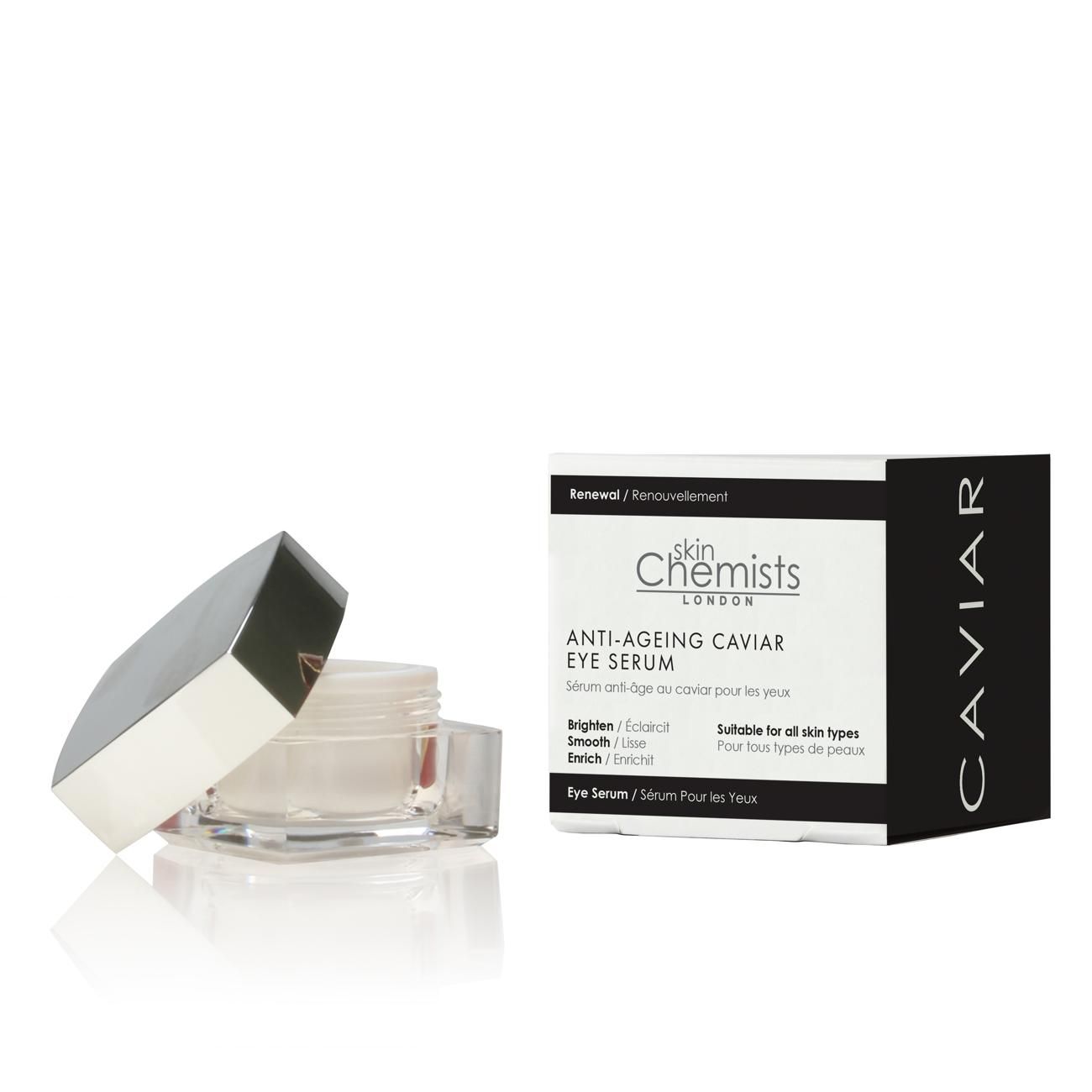 Offener Tiegel und Schachtel. Auf der Schachtel steht 'skinChemists LONDON ANTI-AGEING CAVIAR EYE SERUM'.