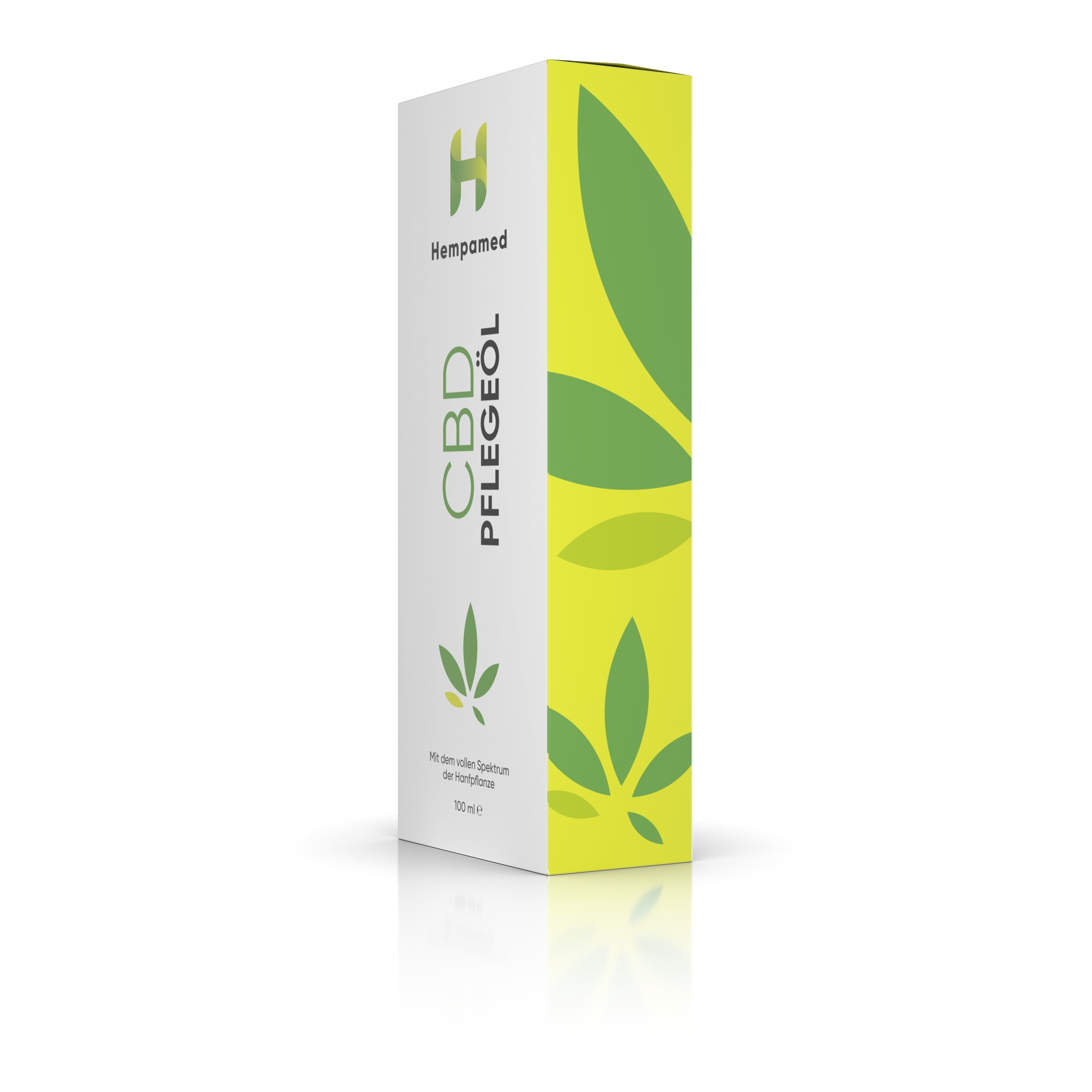 Weiße Verpackung mit grünem Logo und Text "CBD Pflegeöl". Das Logo von Hempamed ist sichtbar. Die Verpackung ist rechteckig.